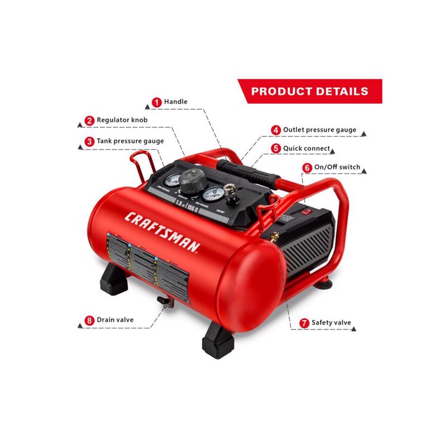 Craftsman 3 gal Horizontal Portable Air Compressor 155 psi 1.5 HP