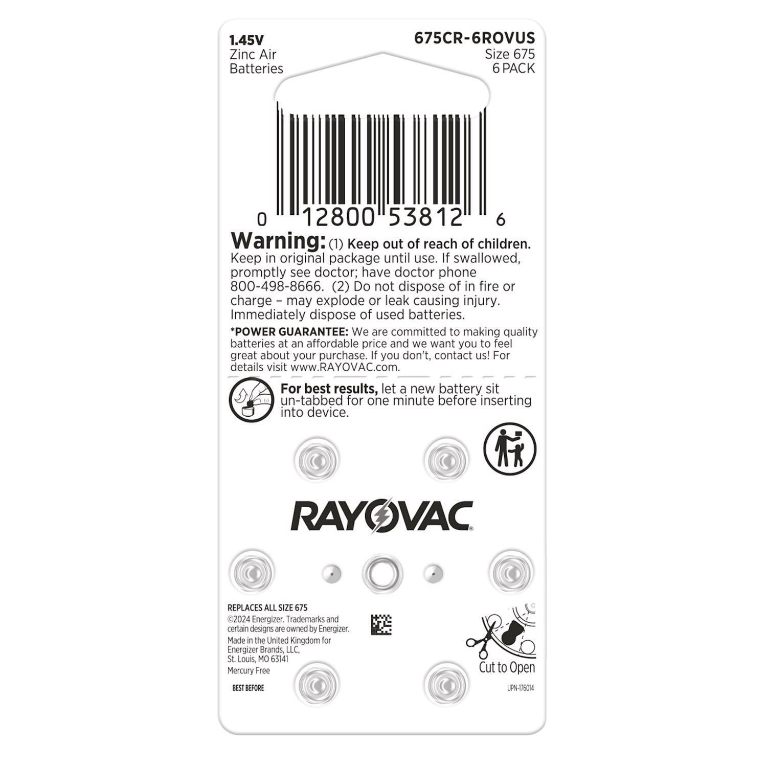 Rayovac Zinc Air 675 1.45 V Hearing Aid Battery 6 Pack