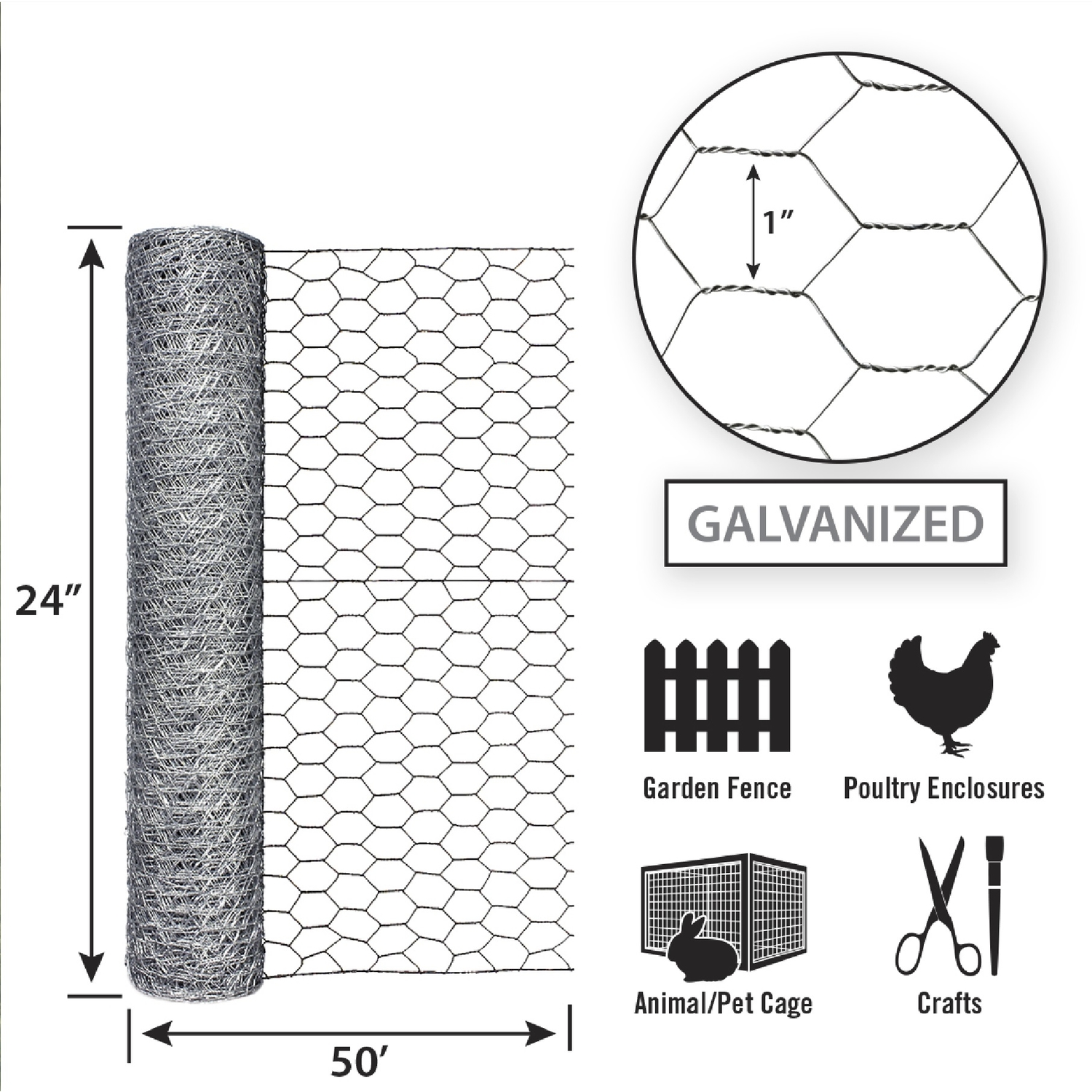 Garden Craft 24in. H x 50in. L Galvanized Steel Poultry Netting 1in.