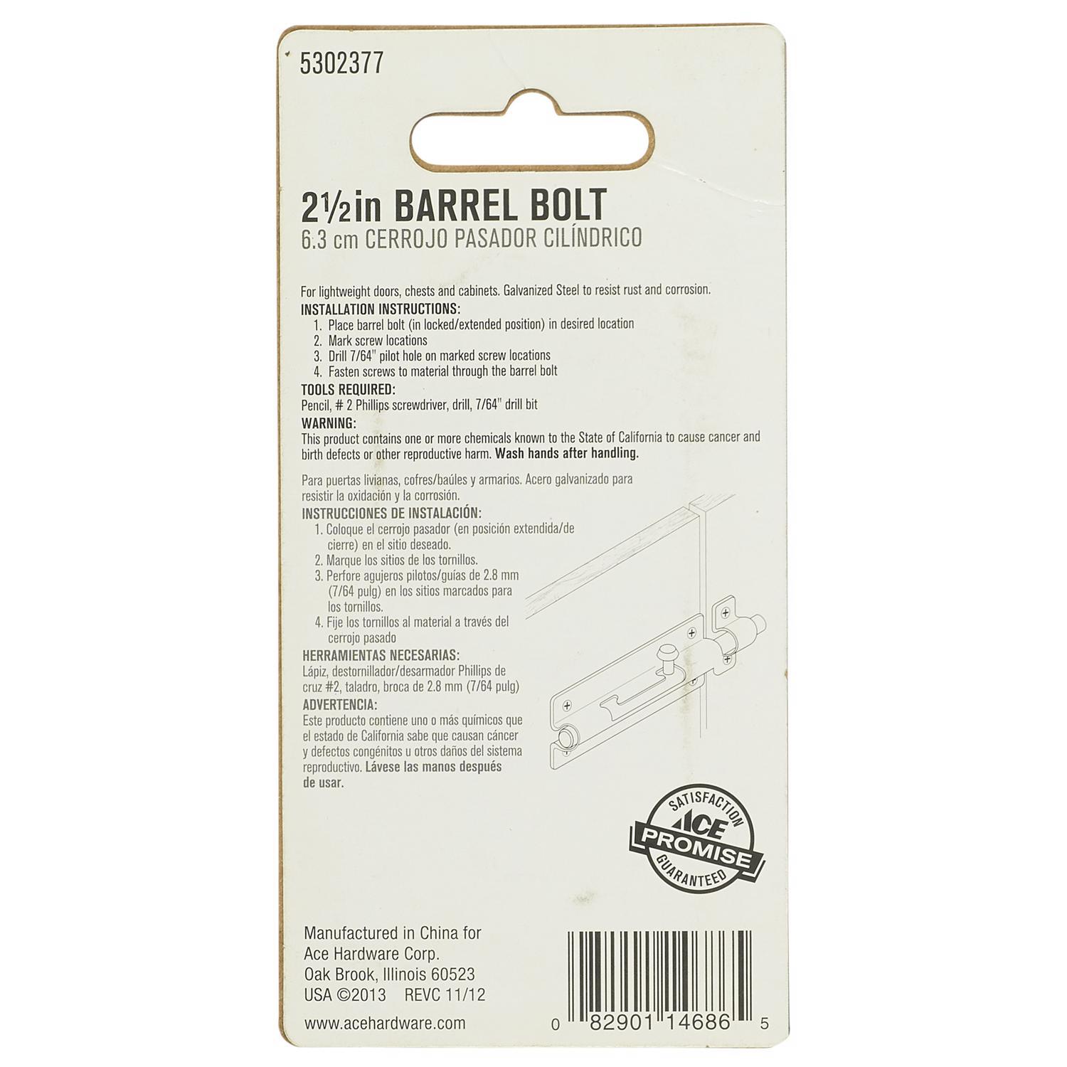 Ace 2.5 in. L Galvanized Steel Barrel Bolt 1 pk