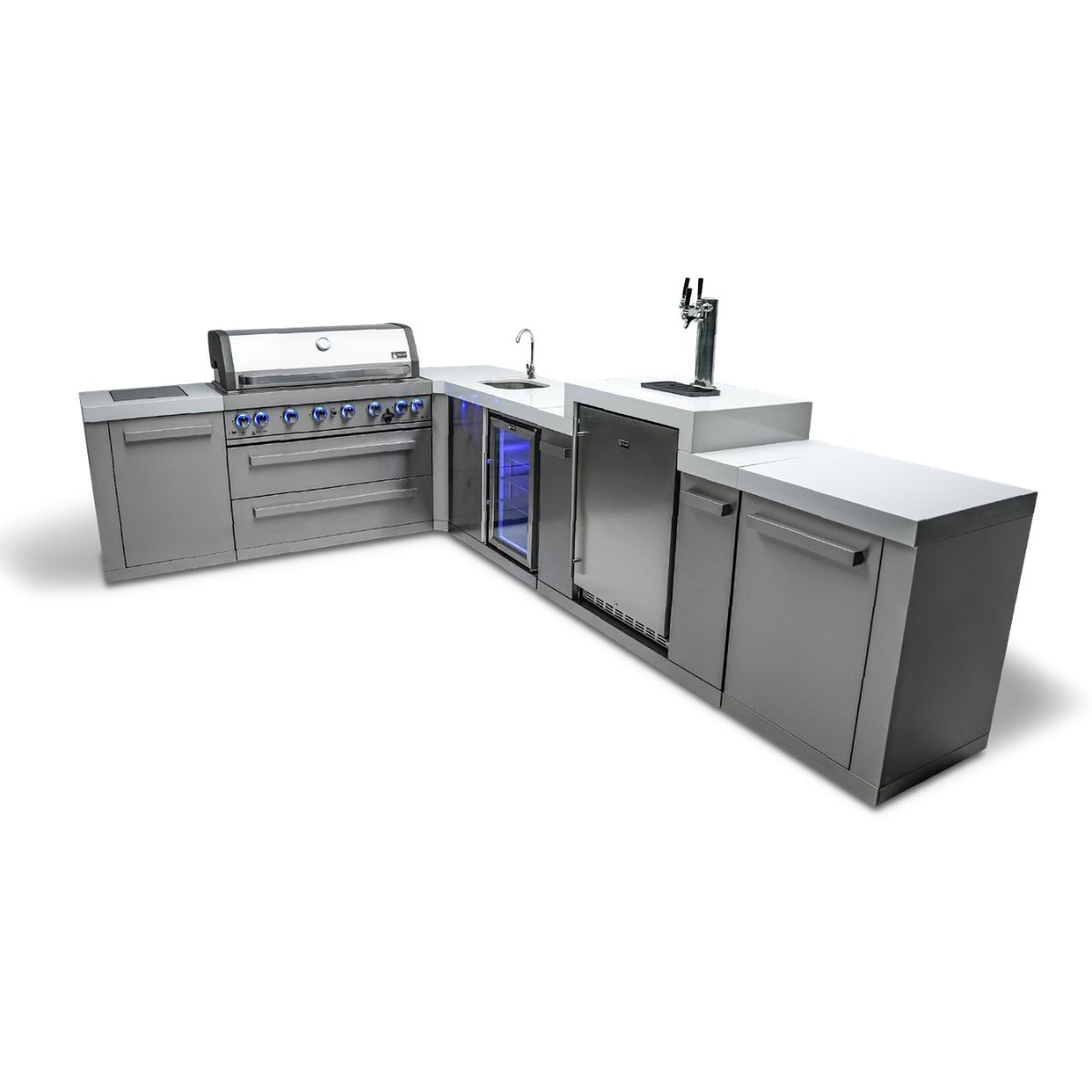 Mont Alpi 6-burner island with a 90-degree corner, kegerator, and beverage center