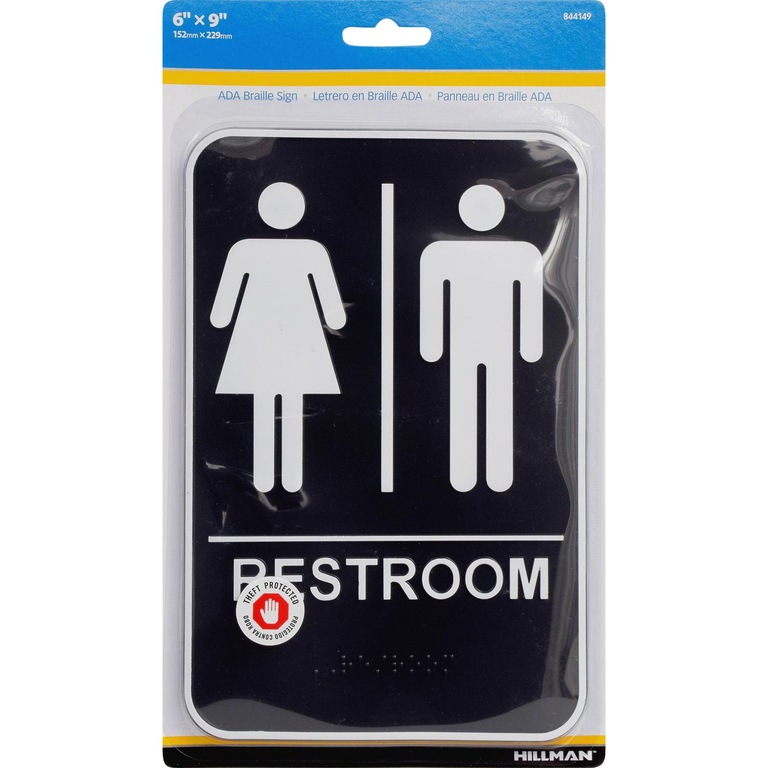 HILLMAN English Black Restroom Plaque 9 in. H X 6 in. W