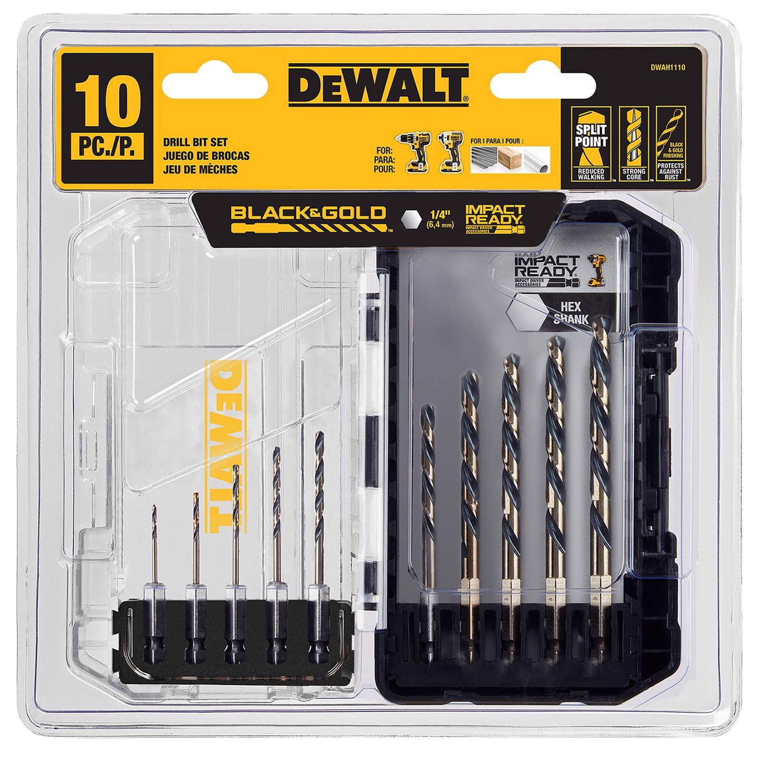 DeWalt Black & Gold High Speed Steel Impact Ready Drill Bit Set Hex Shank 10 pc