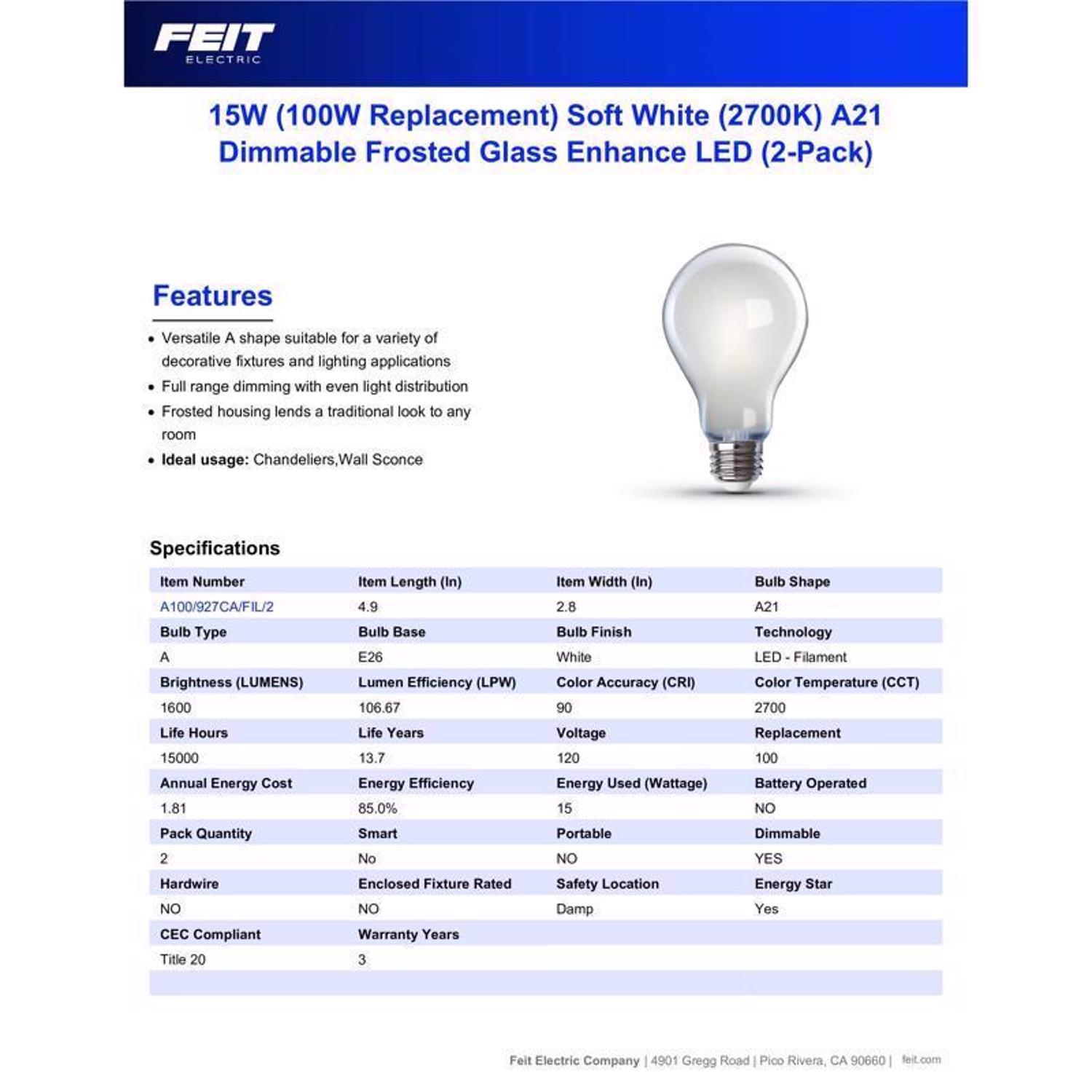 Feit Enhance A21 E26 (Medium) LED Bulb Soft White 100 Watt Equivalence 2 pk