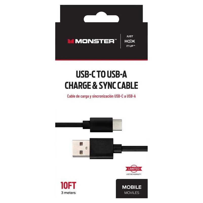 Monster Just Hook It Up Usb-c To Usb-a Charge And Sync Cable 10 Ft. Black