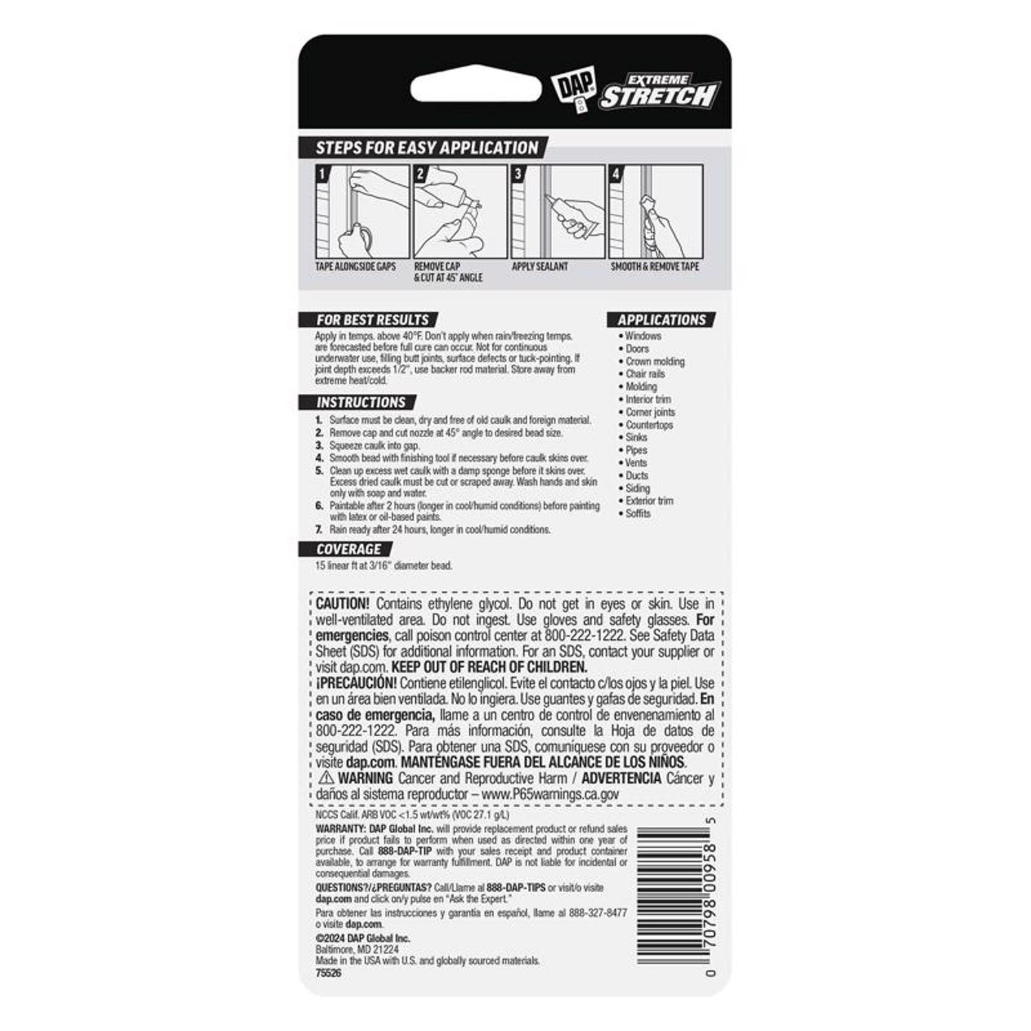 DAP Extreme Stretch White Acrylic Urethane Elastomeric Window and Door Sealant 2.8 oz