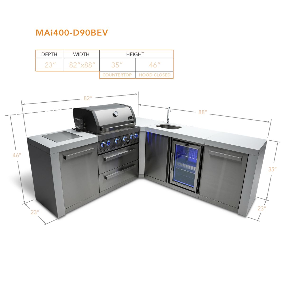 Mont Alpi 4-Burner Deluxe island with a 90-degree corner and beverage center