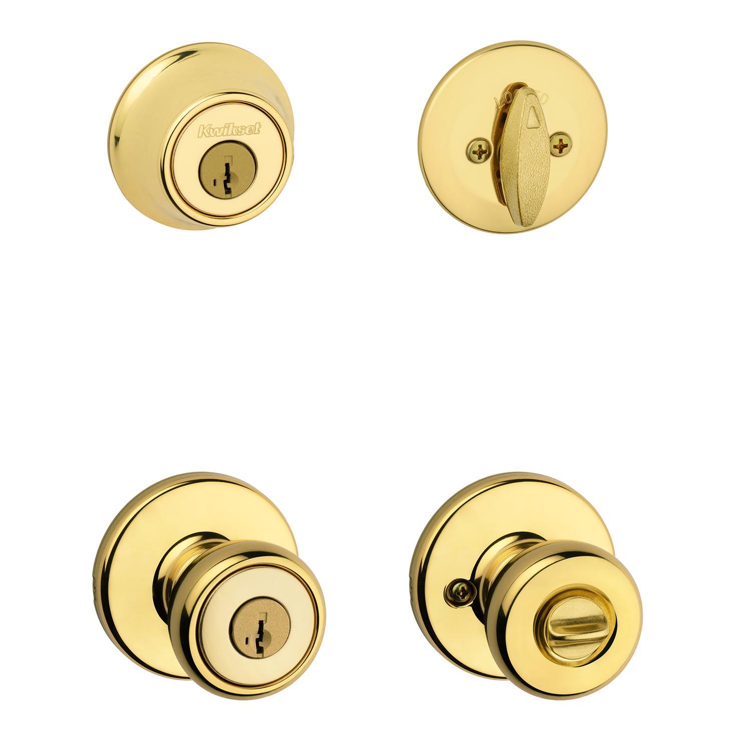 Kwikset Tylo Polished Brass Deadbolt and Entry Door Knob 1-3/4 in.