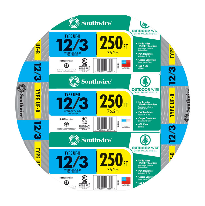 Southwire 250 ft. 12/3 Type UF-B WG Underground Feeder Underground Cable Gray
