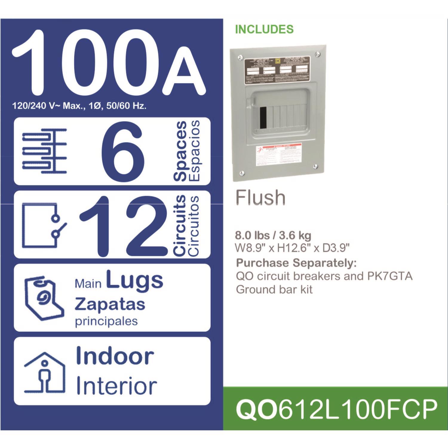 Square D QO 100 amps 120/240 V 6 space 12 circuits Combination Mount Main Lug Load Center