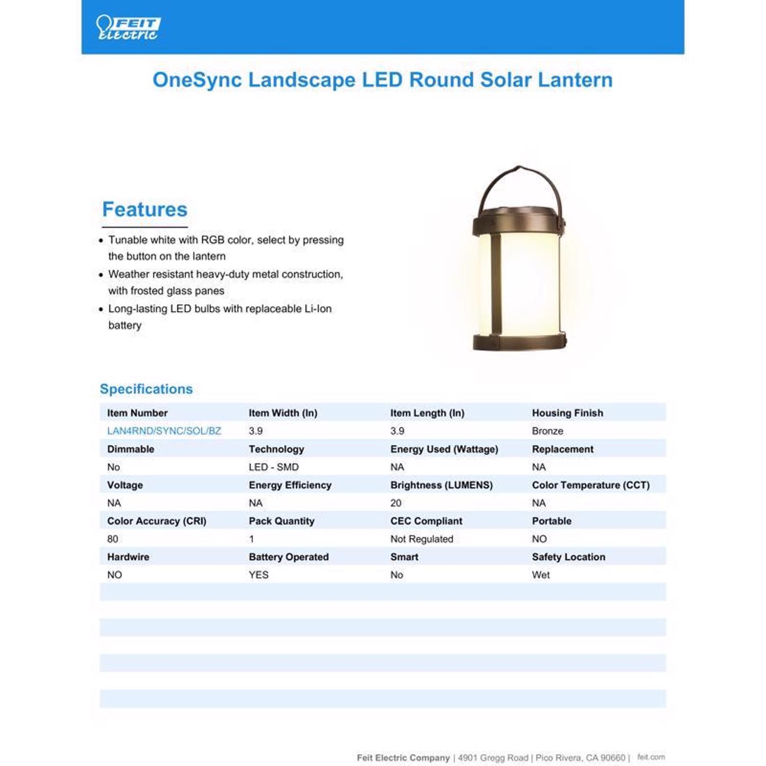 Feit OneSync 4 in. Solar Power Metal Round Bronze Hanging Lantern