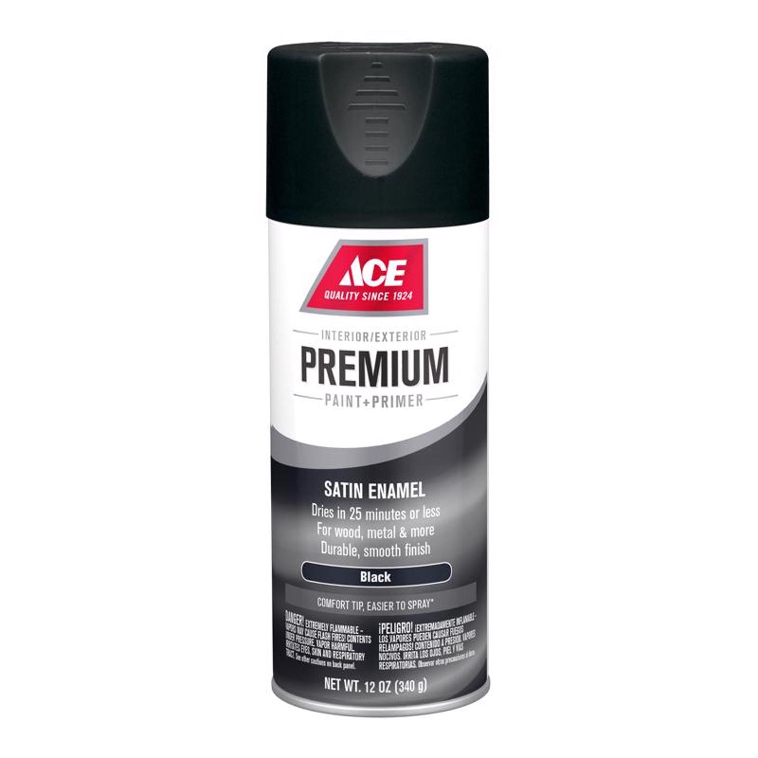 Ace Premium Satin Black Paint + Primer Enamel Spray 12 oz Stine Home