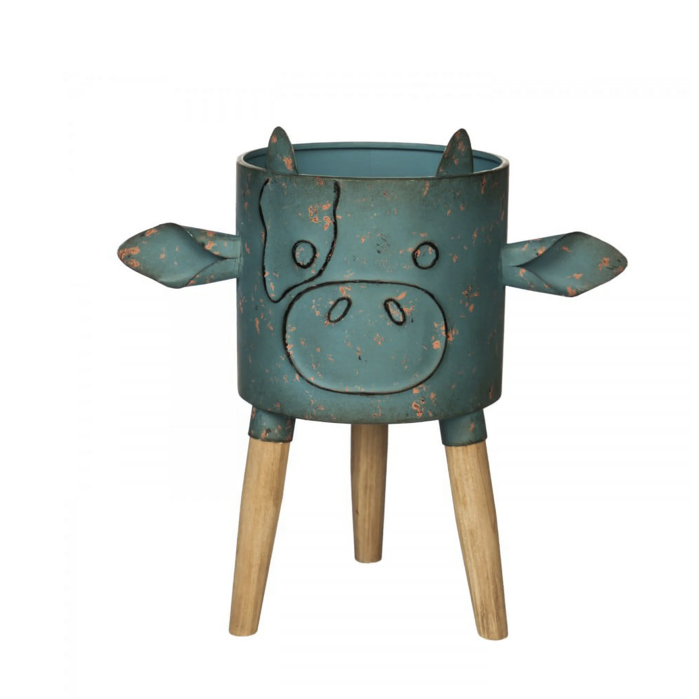 Evergreen Metal Cow Planter with Wooden Stand