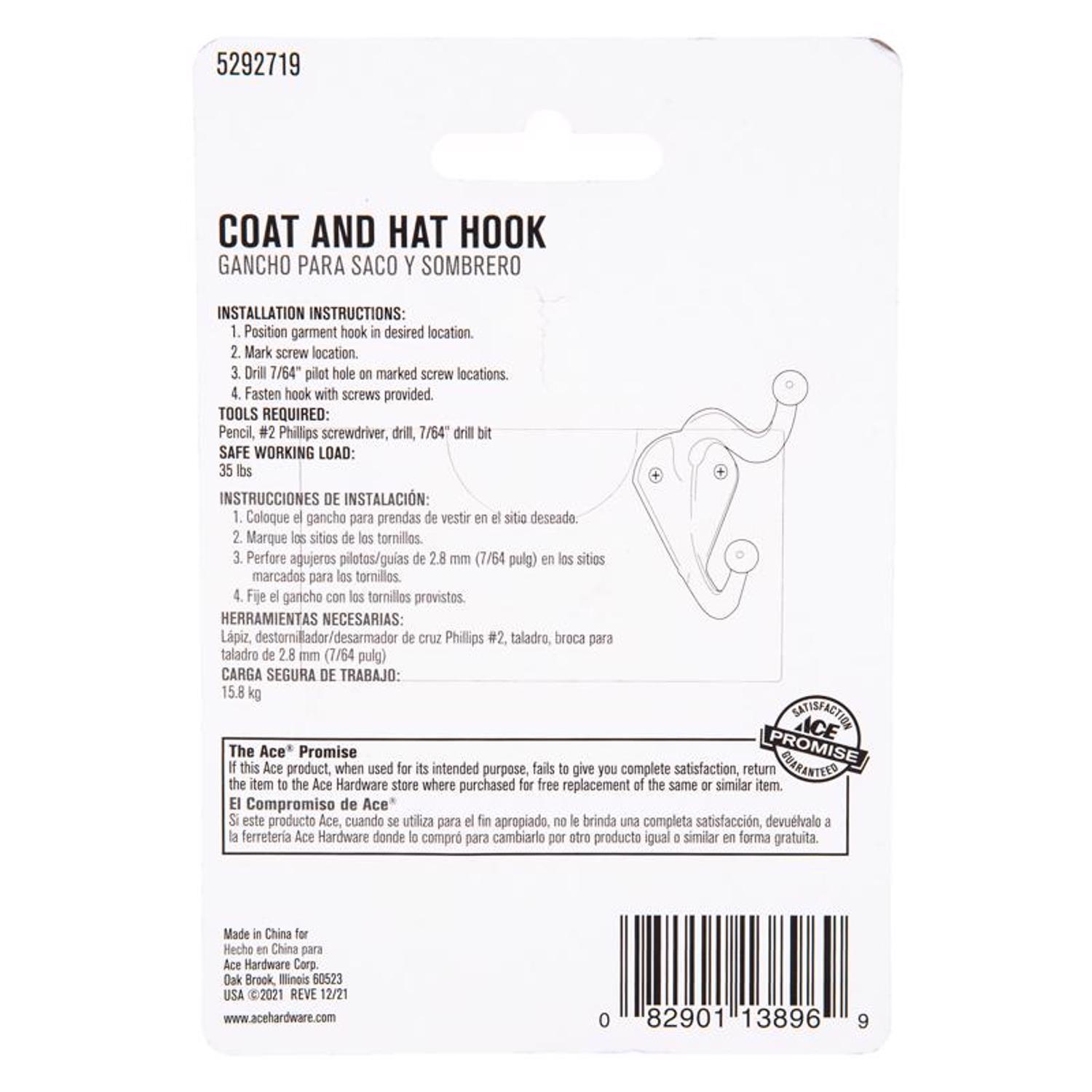 Ace 3 in. L Galvanized White Metal Small Coat and Hat Hook 2 pk