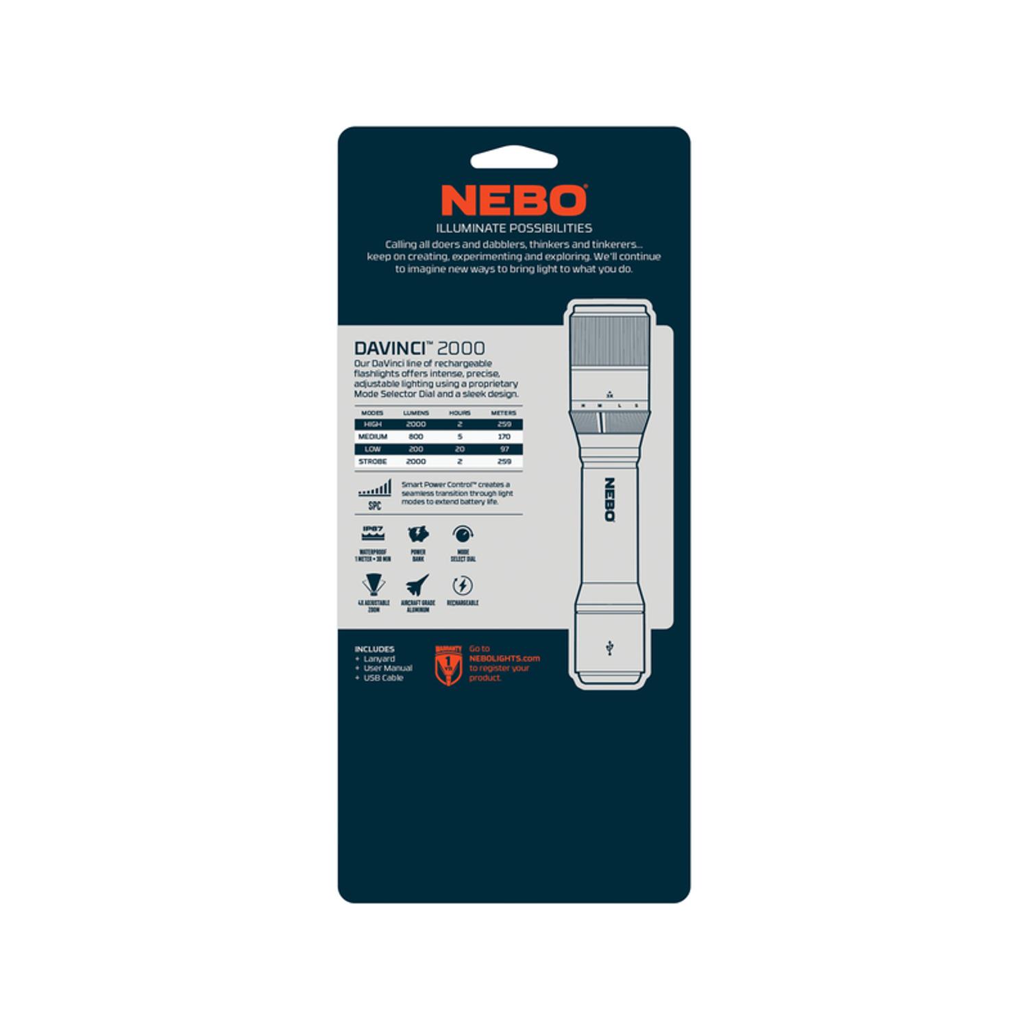 NEBO Davinci 2000 lm Black LED Rechargeable Flashlight 18650 Battery