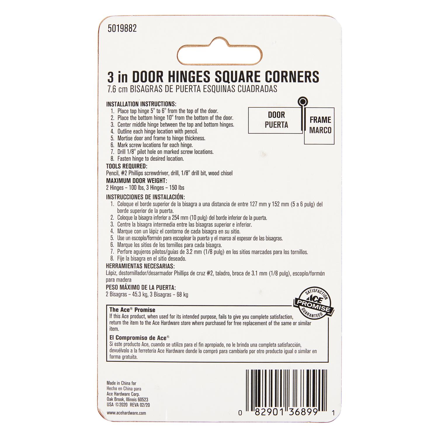 Ace 3 in. L Satin Brass Residential Door Hinge 3 pk