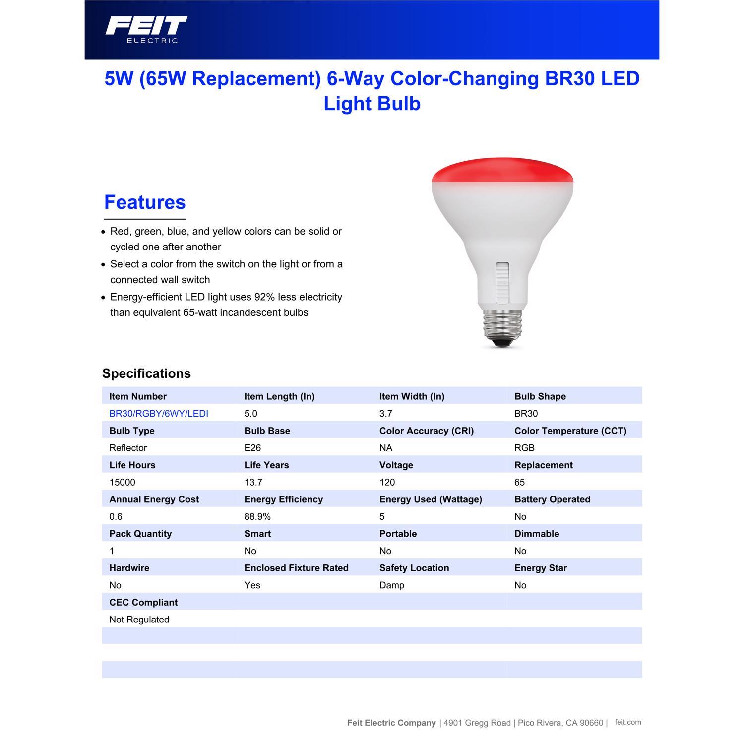 Feit BR30 E26 (Medium) Smart-Enabled LED Floodlight Bulb Color Changing 65 Watt Equivalence 1 pk
