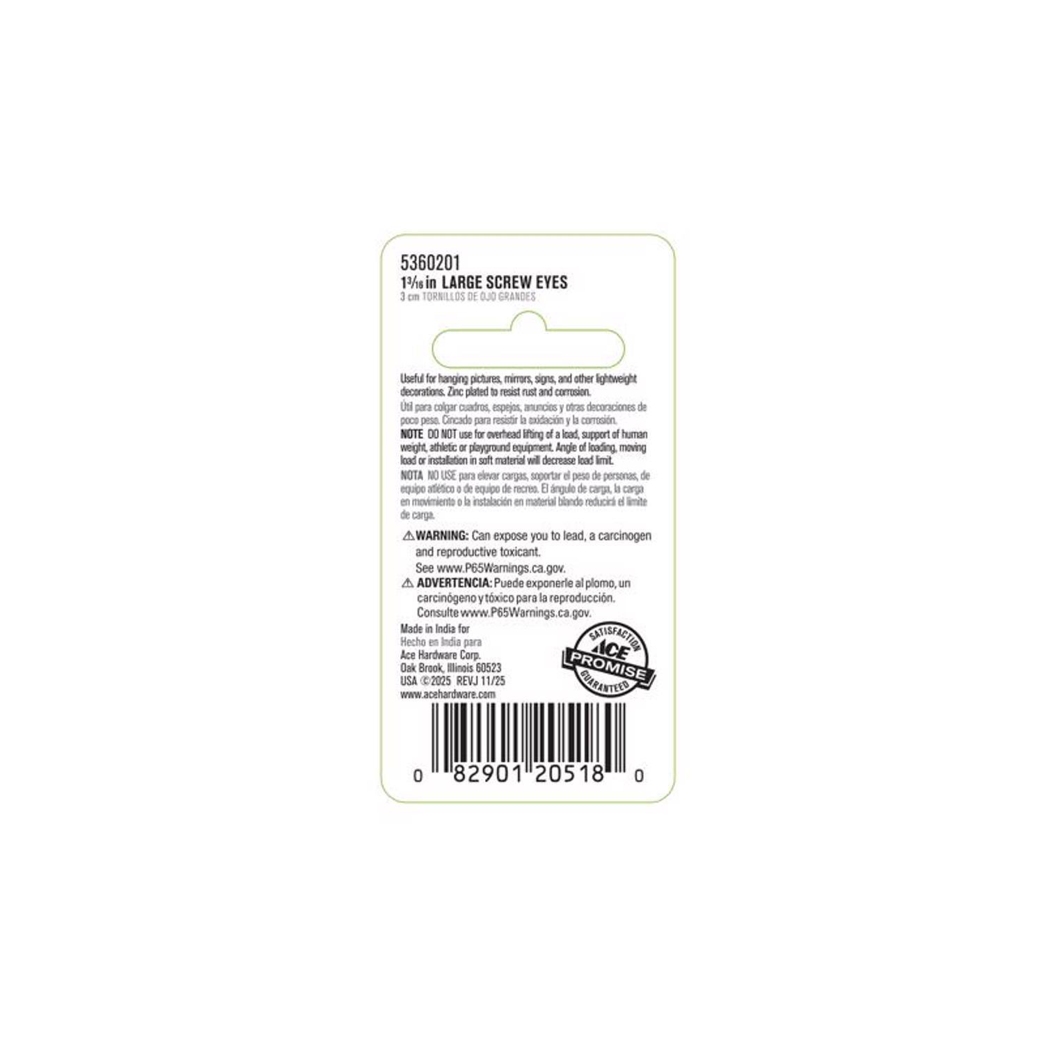 Ace 3/8 in. D X 1-3/16 in. L Zinc-Plated Steel Screw Eye 20 lb. cap. 10 pk