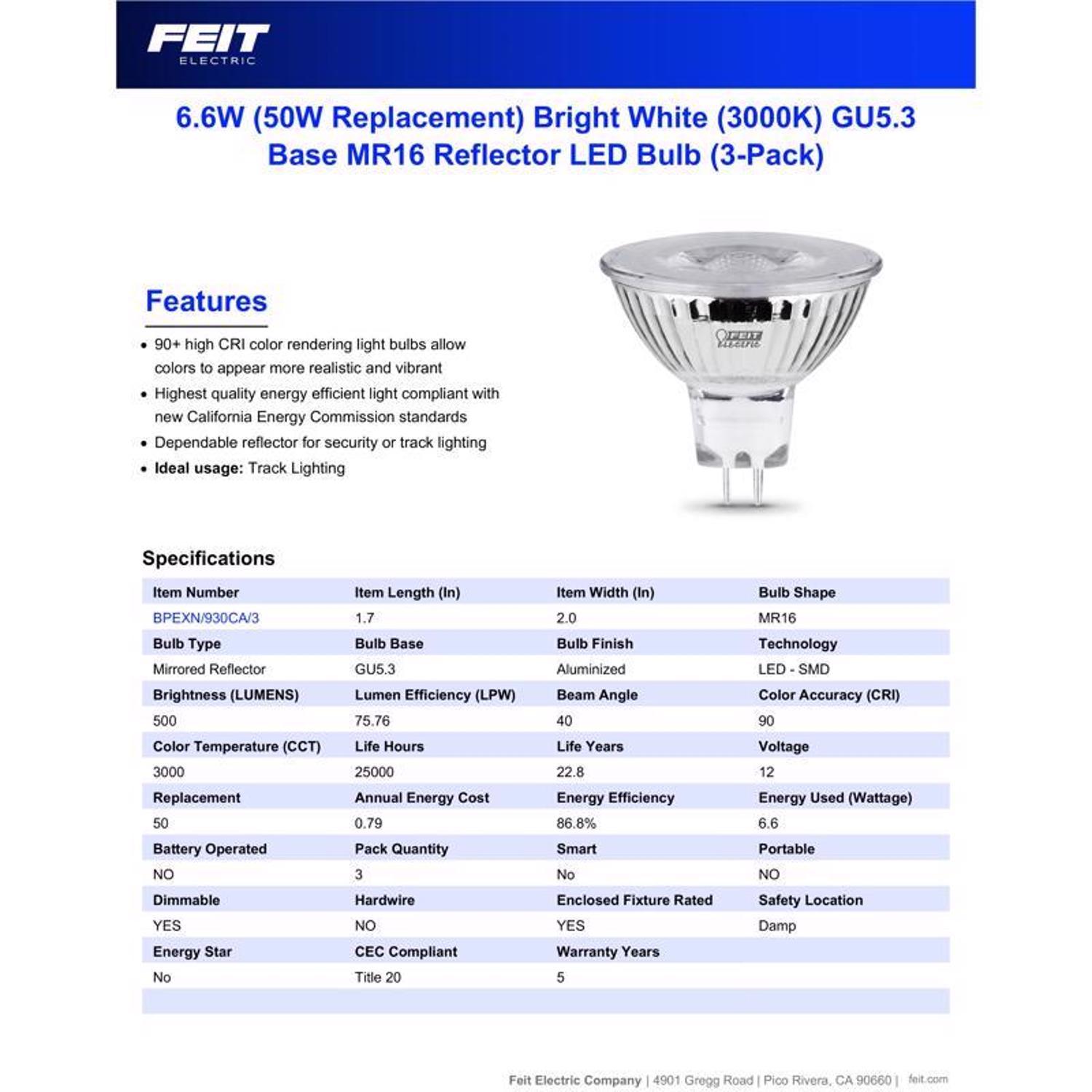 Feit Enhance MR16 GU5.3 LED Bulb Bright White 50 Watt Equivalence 3 pk