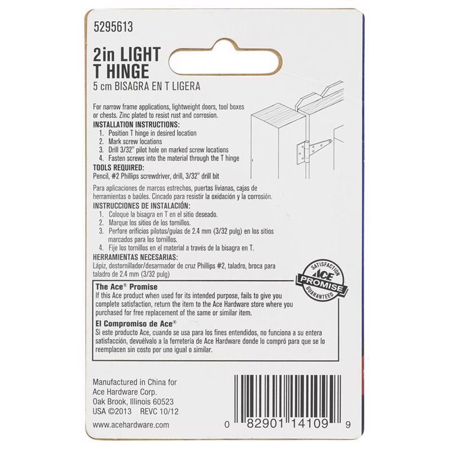 Ace 2 in. L Zinc-Plated Light Duty T Hinge 2 pk
