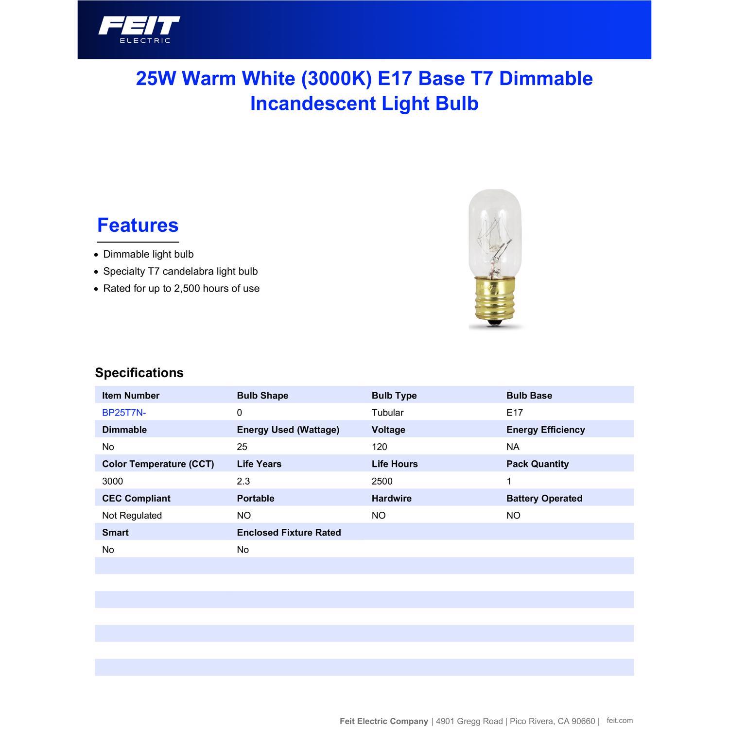 Feit T6 E12 (Candelabra) LED Bulb Bright White 15 Watt Equivalence 1 Pack