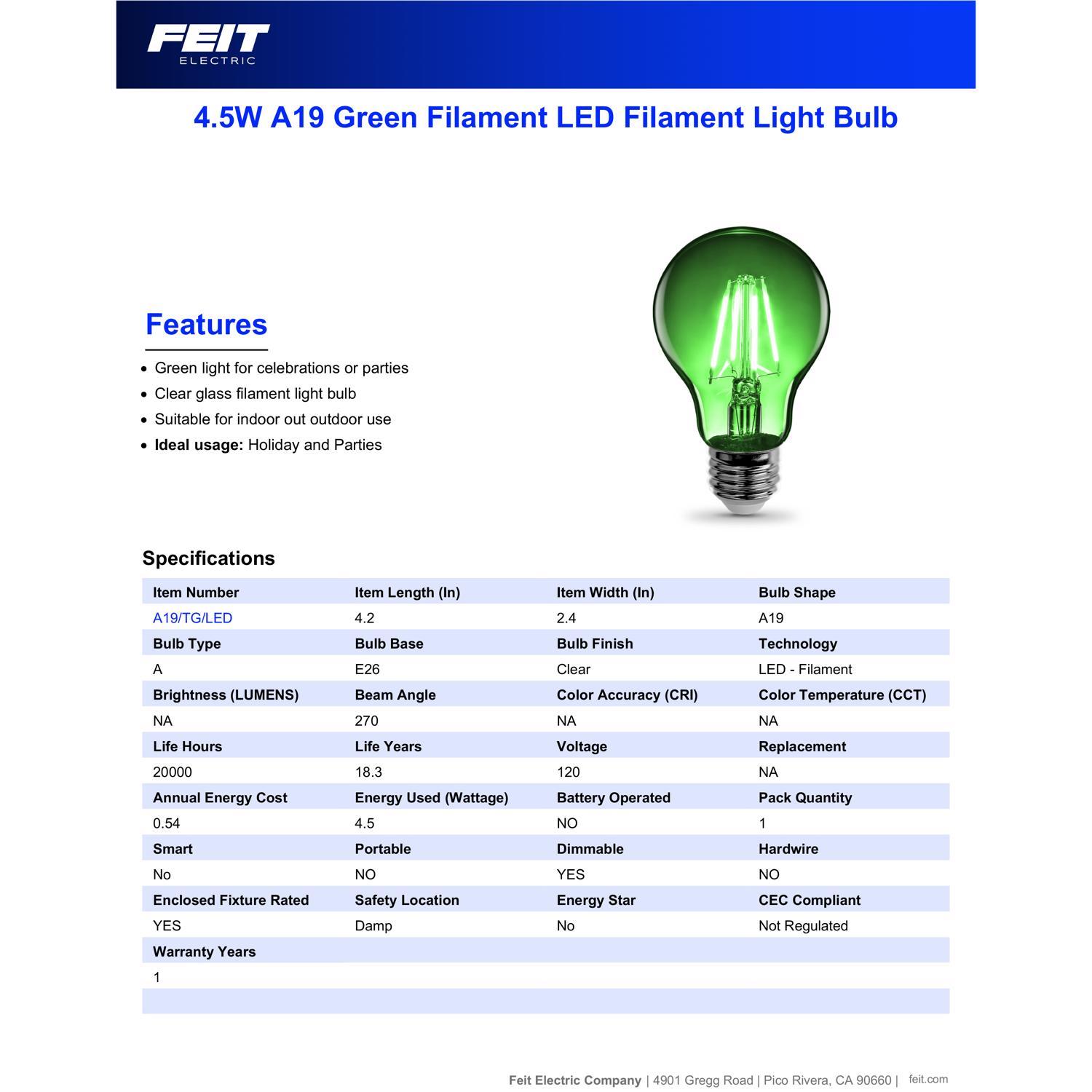 Feit A19 E26 (Medium) Filament LED Bulb Green 30 Watt Equivalence 1 pk