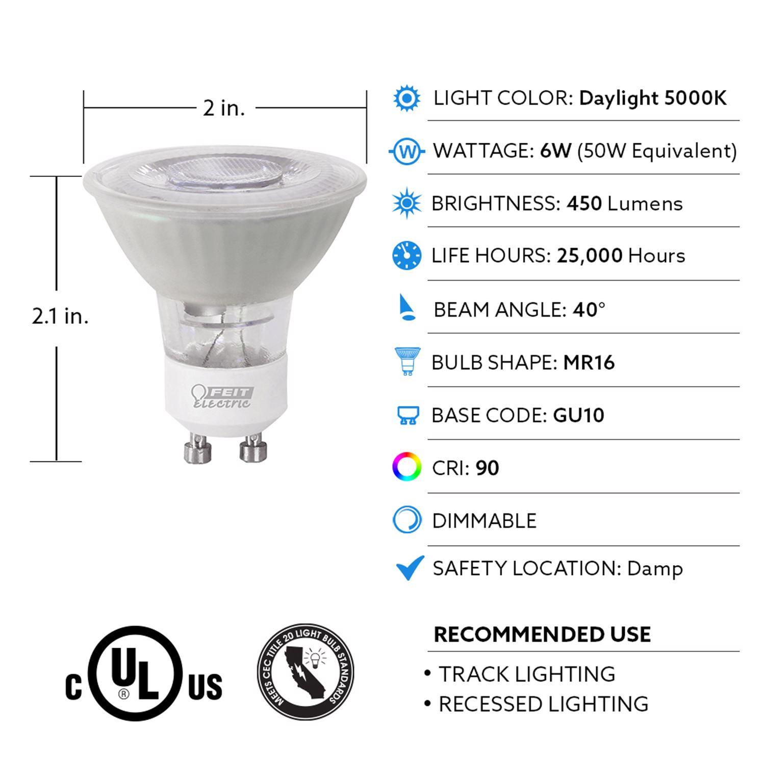 Feit Enhance MR16 GU10 LED Bulb Daylight 50 Watt Equivalence 3 pk