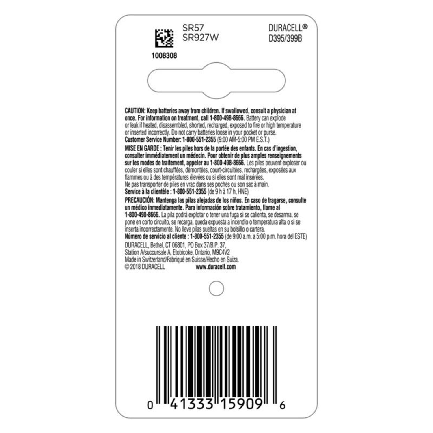 Duracell Silver Oxide 395/399 1.5 V 55 mAh Electronic/Watch Battery 1 pk
