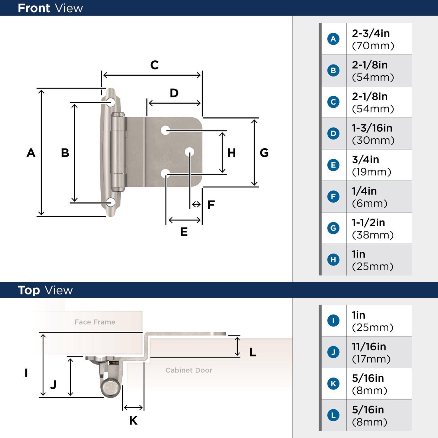 Amerock 2 in. W X 2-3/4 in. L Satin Nickel Steel Self-Closing Hinge 2 pk