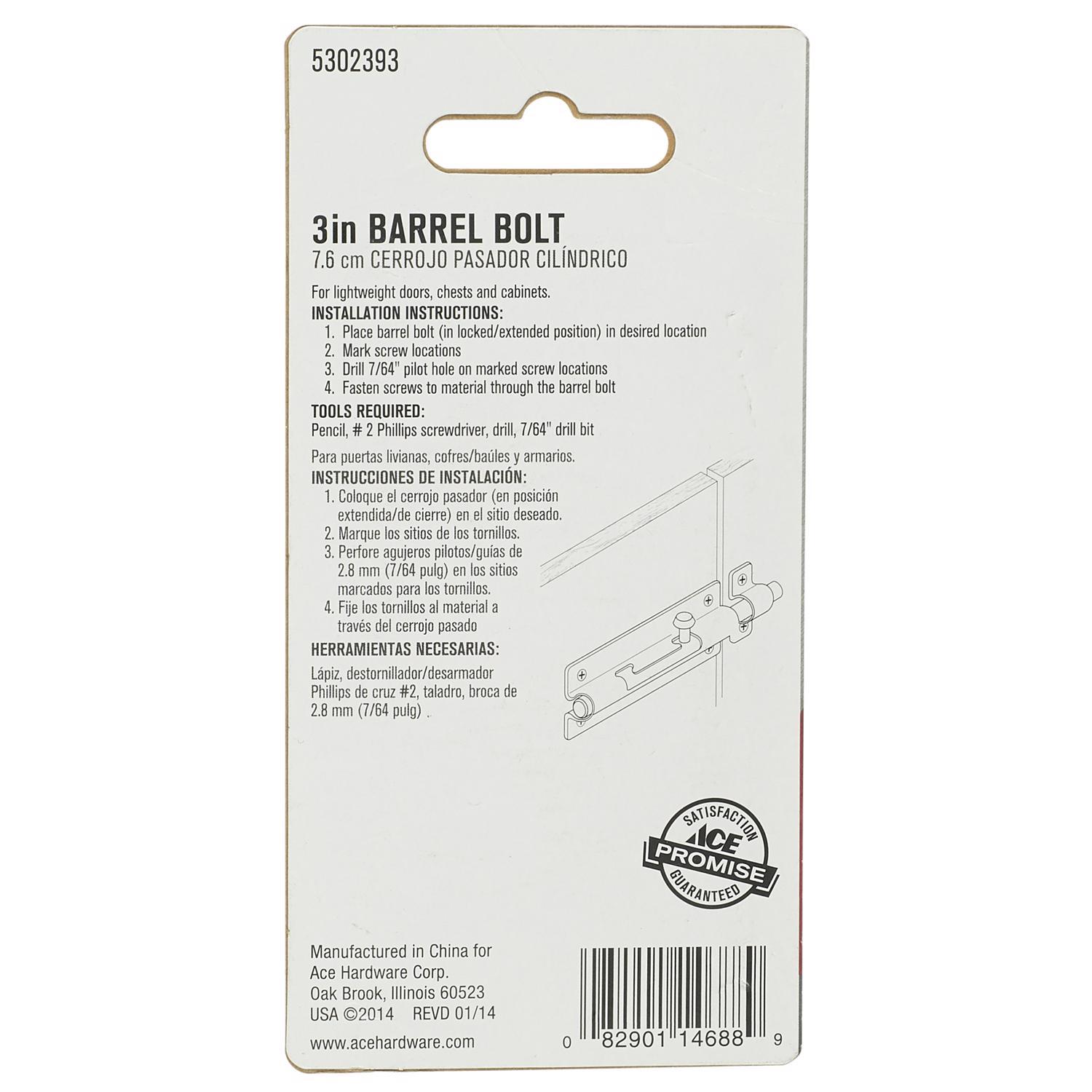 Ace 3 in. L Brass-Plated Steel Barrel Bolt 1 pk