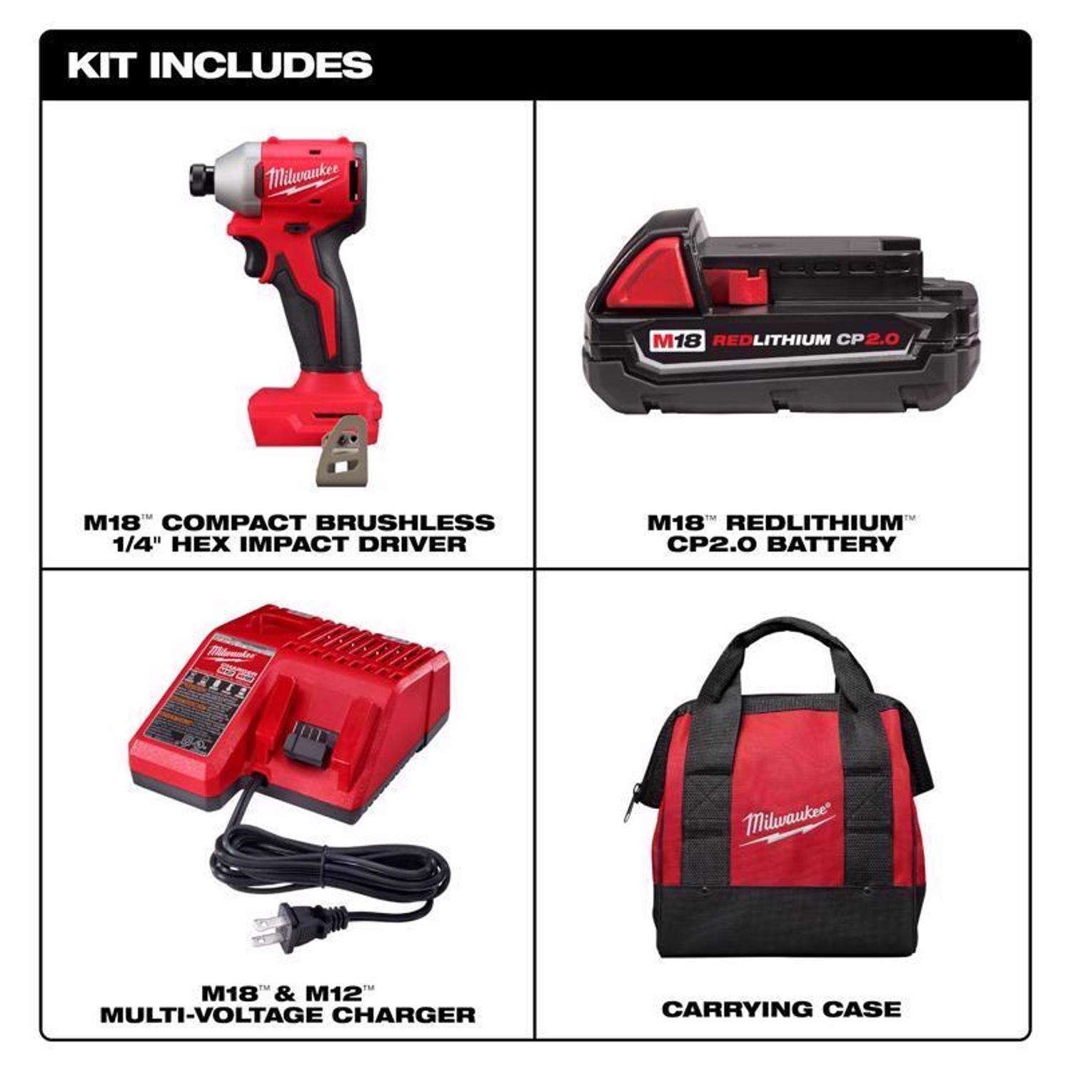 Milwaukee 18V M18 Compact Next Gen 1/4 in. Cordless Brushless Impact Driver Kit (Battery & Charger)