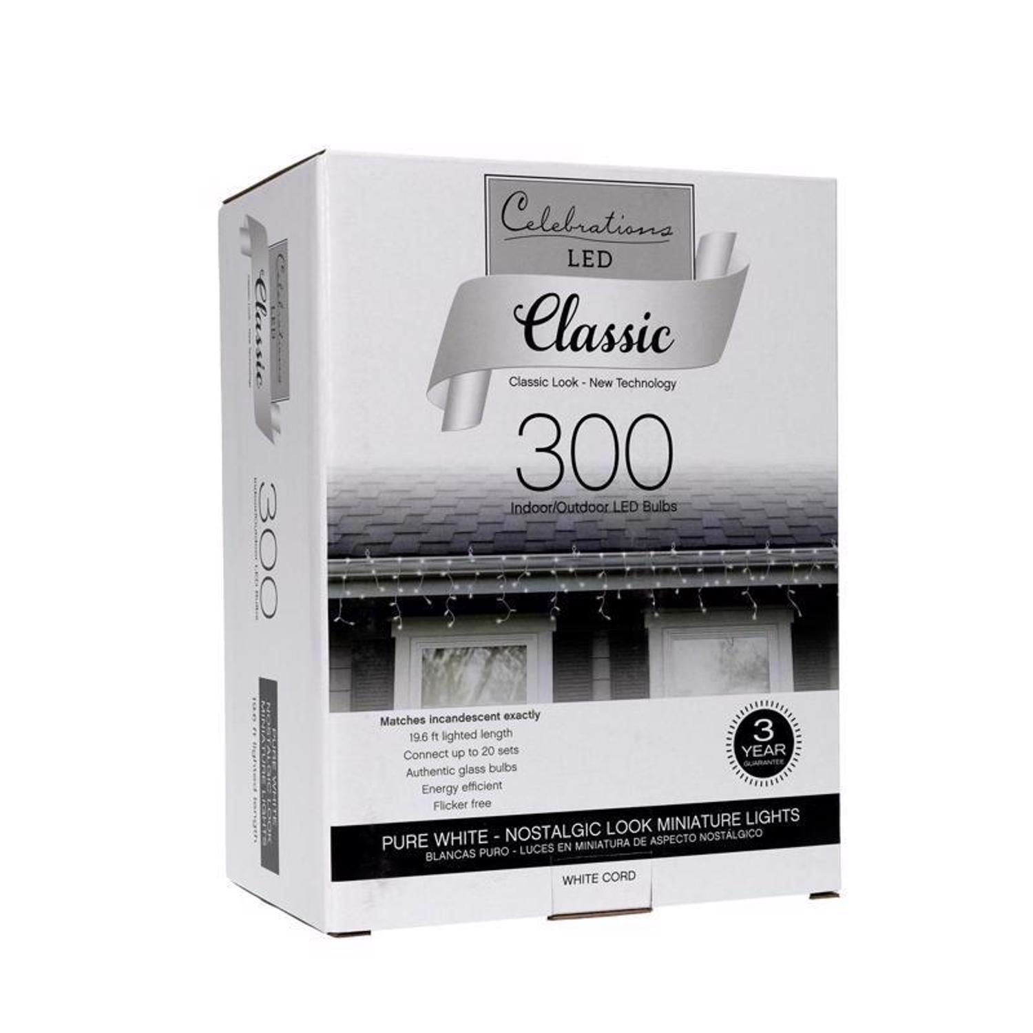 Celebrations Classic LED T5 Pure White 300 ct Icicle Christmas Lights 19.6 ft.