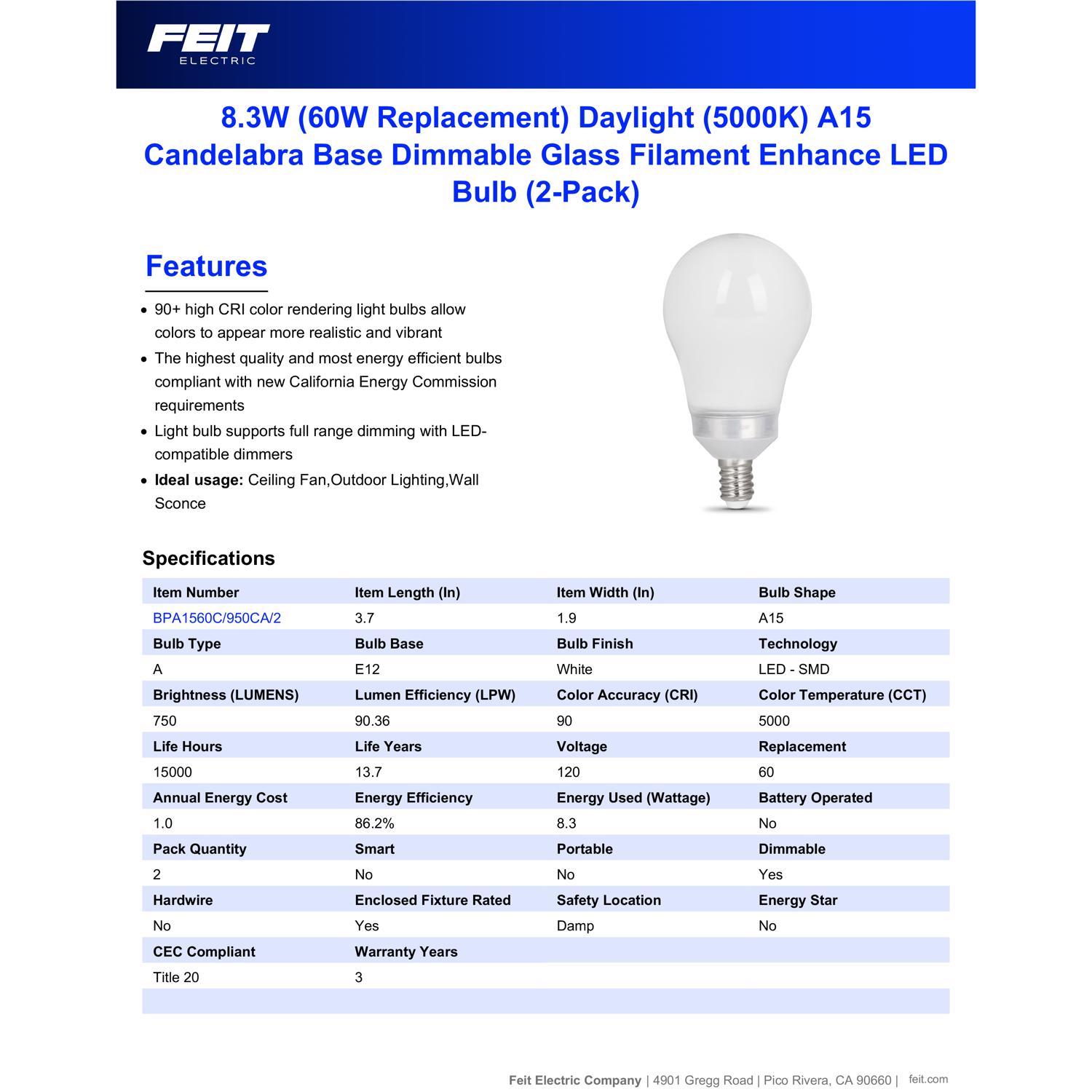 Feit Enhance A15 E12 (Candelabra) Filament LED Bulb Daylight 60 Watt Equivalence 2 pk