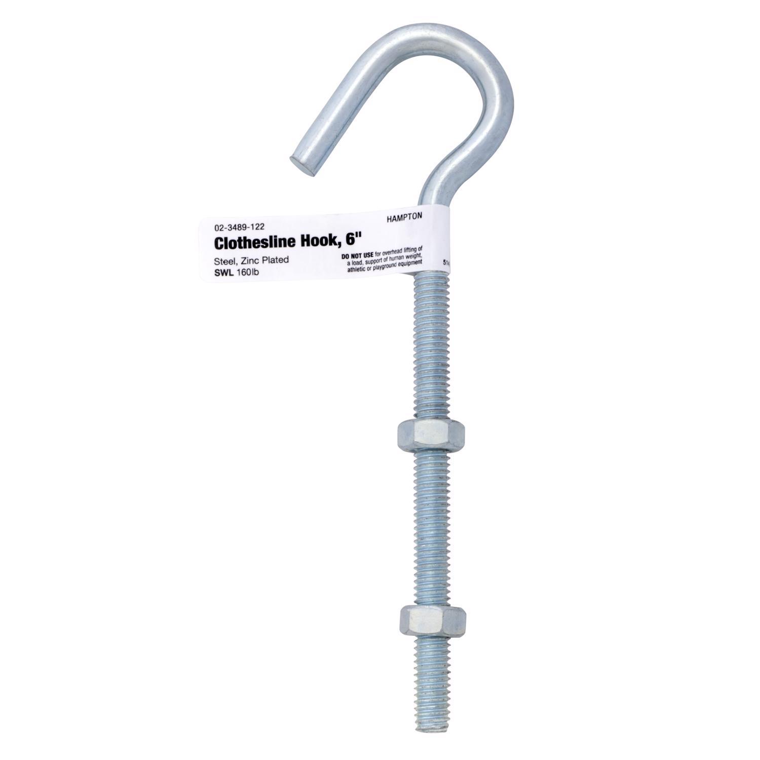 Hampton Medium Zinc-Plated Silver Steel 6 in. L Clothesline Bolt Hook 160 lb 1 pk