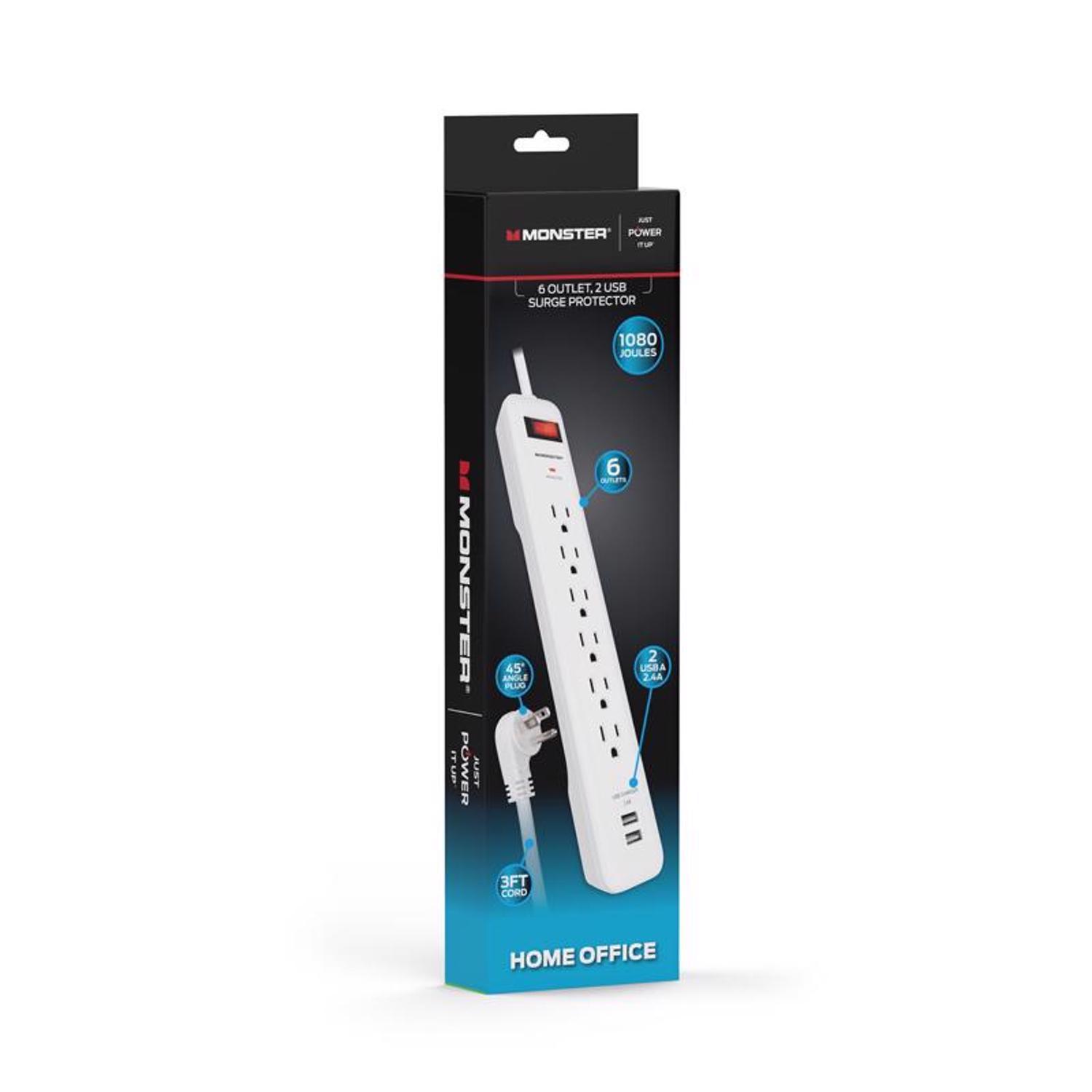 Monster Just Power It Up 3 ft. L 6 outlets Surge Protector w/USB White 1080 J