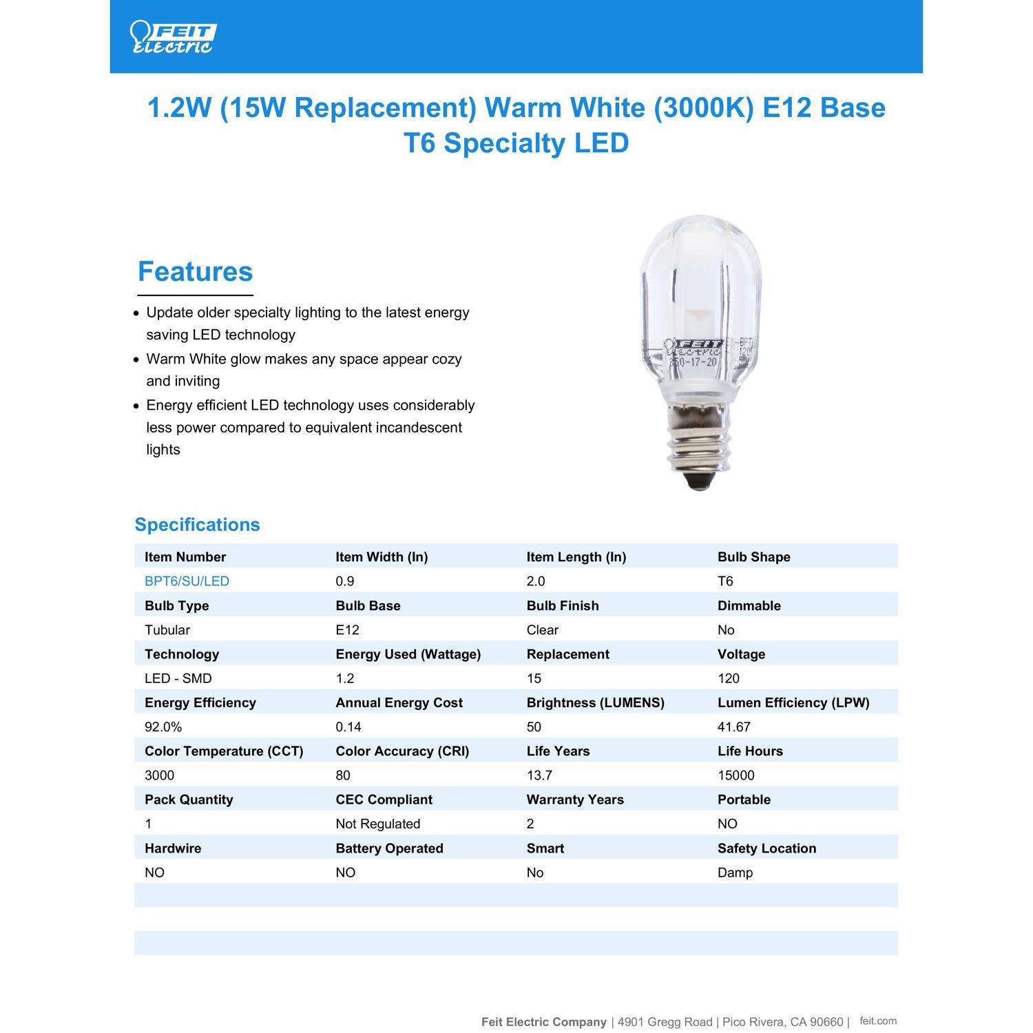 Feit T6 E12 (Candelabra) LED Bulb Bright White 15 Watt Equivalence 1 Pack