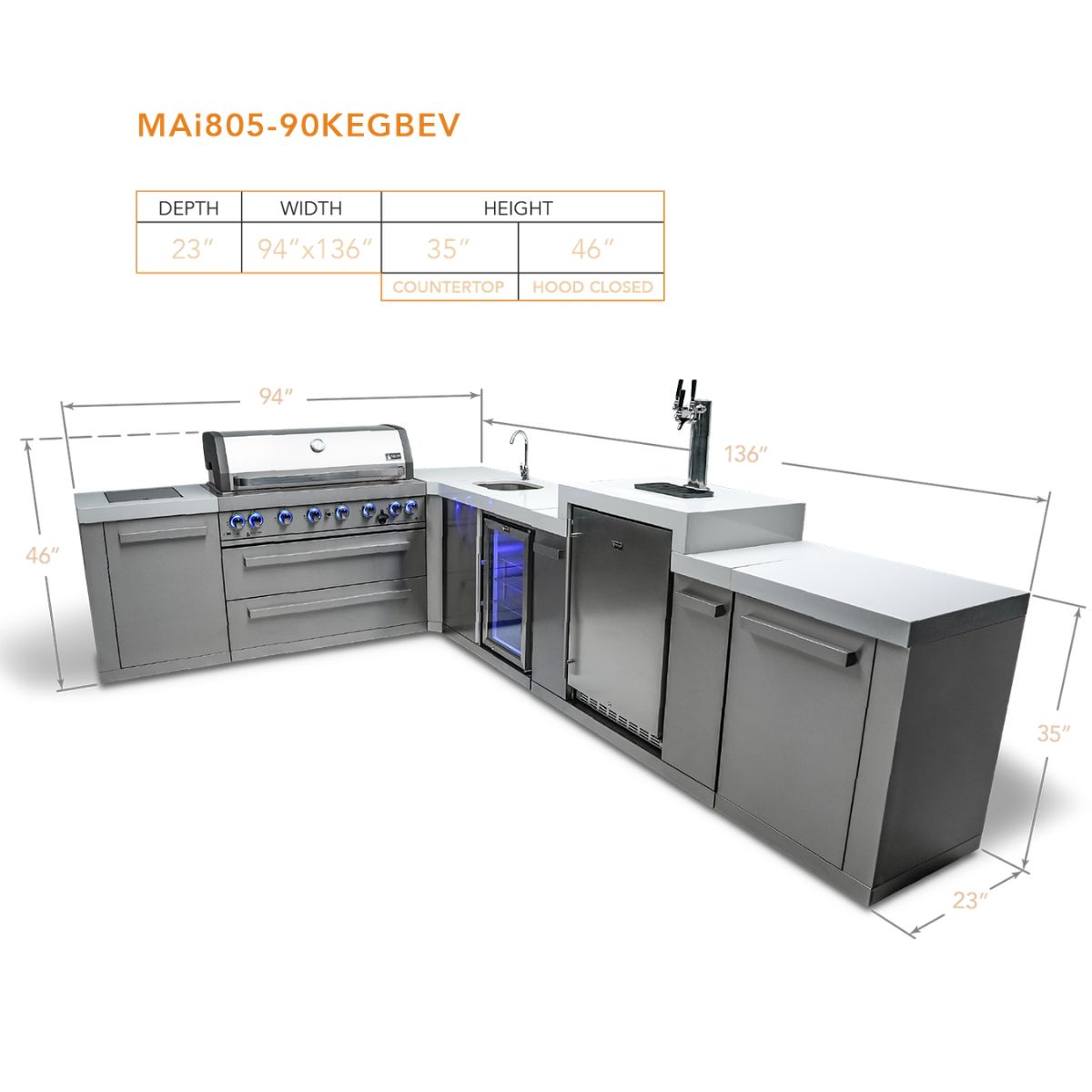 Mont Alpi 6-burner island with a 90-degree corner, kegerator, and beverage center