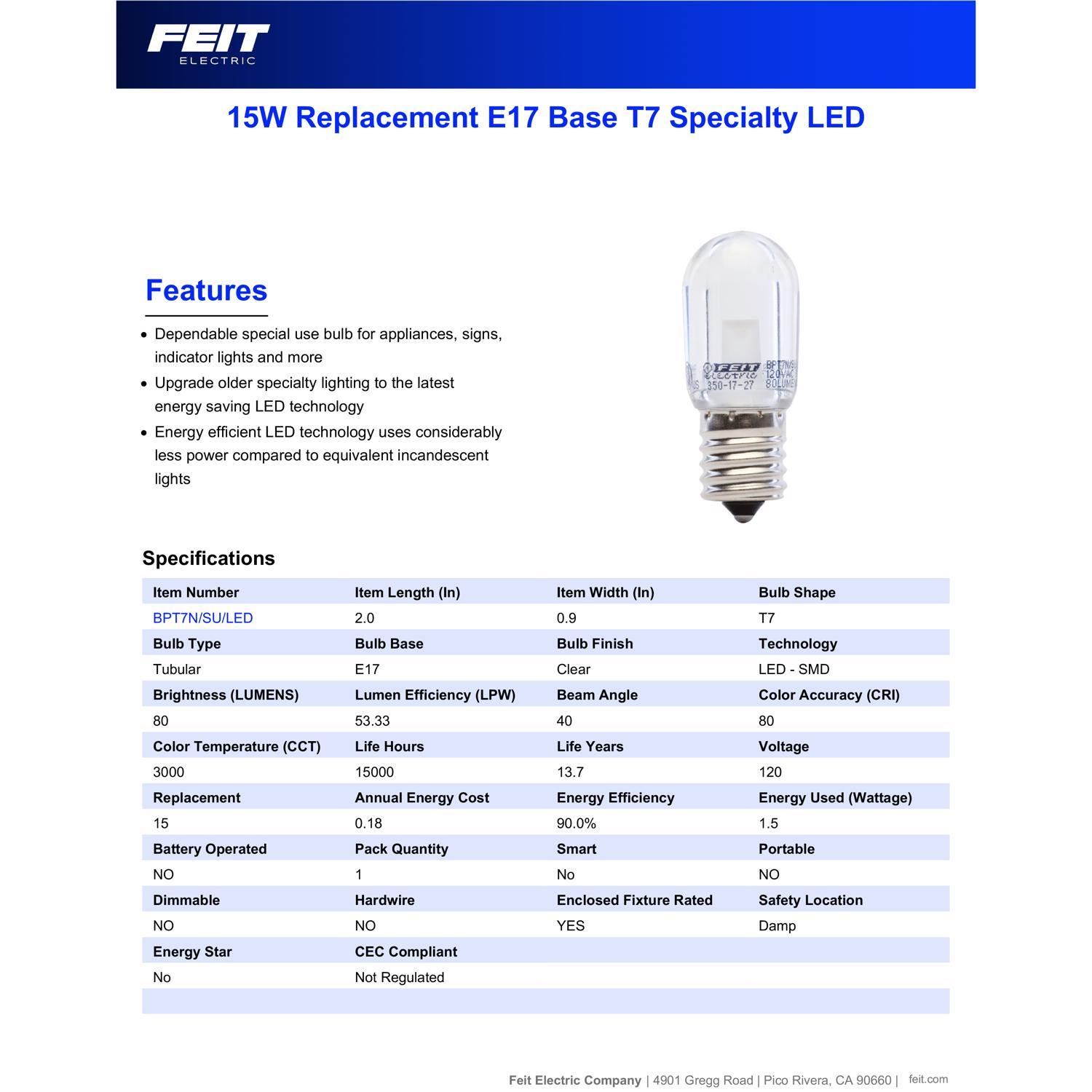 Feit T7 E17 (Intermediate) LED Bulb Warm White 15 Watt Equivalence 1 pk