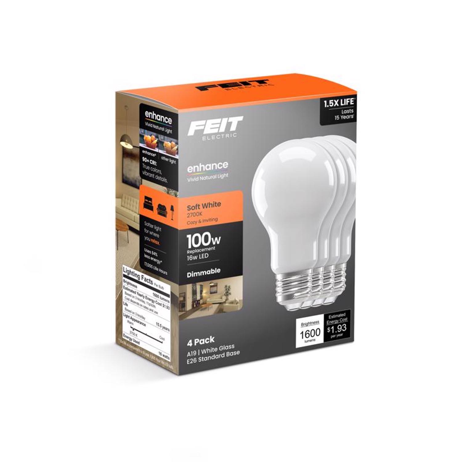 Feit A19 E26 (Medium) LED Bulb Soft White 100 Watt Equivalence 4 Pack