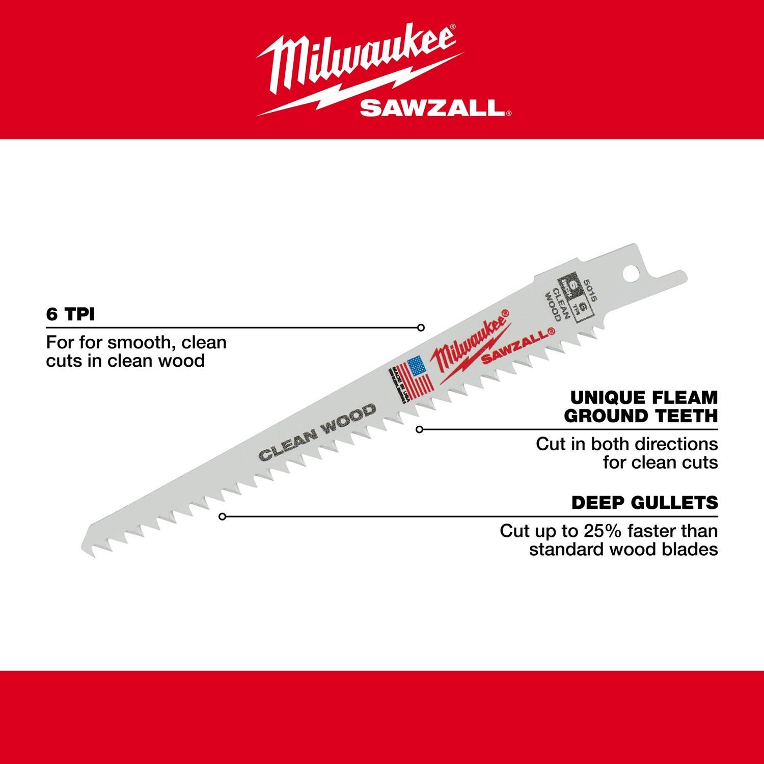 Milwaukee Sawzall 6 in. Bi-Metal Clean wood cutter Reciprocating Saw Blade 6 TPI 5 pk