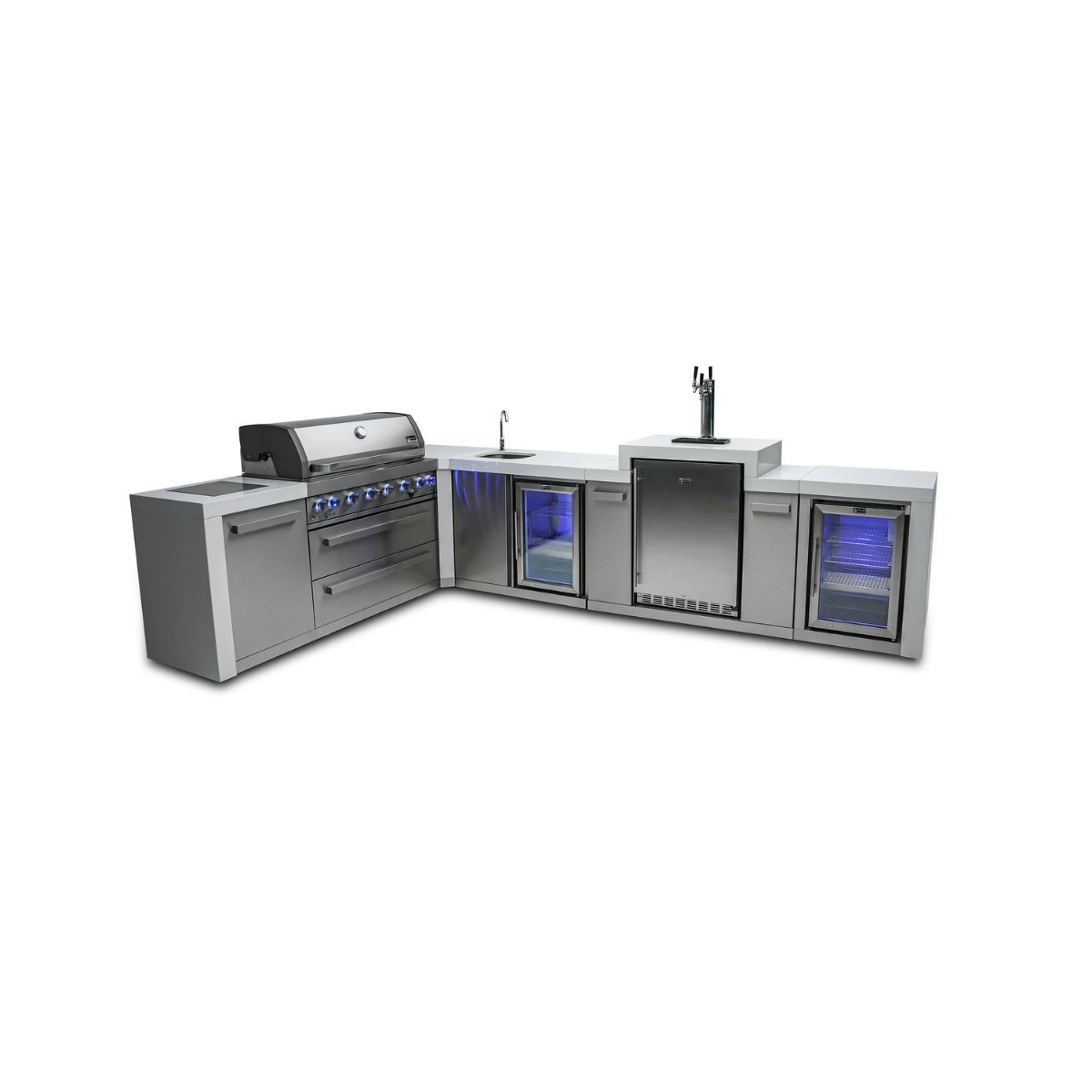 Mont Alpi 6-burner Deluxe Island with a 90-degree corner, kegerator, beverage center and fridge cabinet