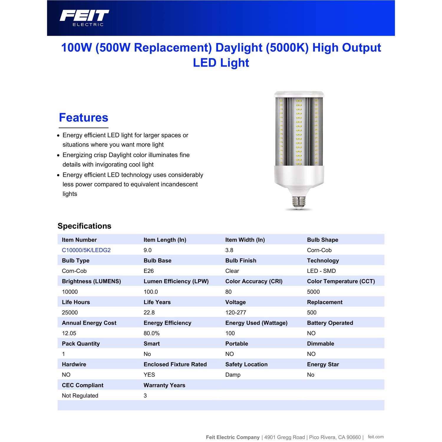 Feit Corn Cob E26 (Medium) LED Bulb Daylight 500 Watt Equivalence 1 pk