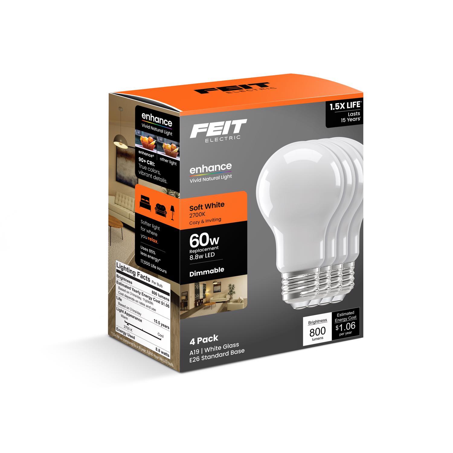Feit Enhance A19 E26 (Medium) LED Bulb Soft White 60 Watt Equivalence 4 pk