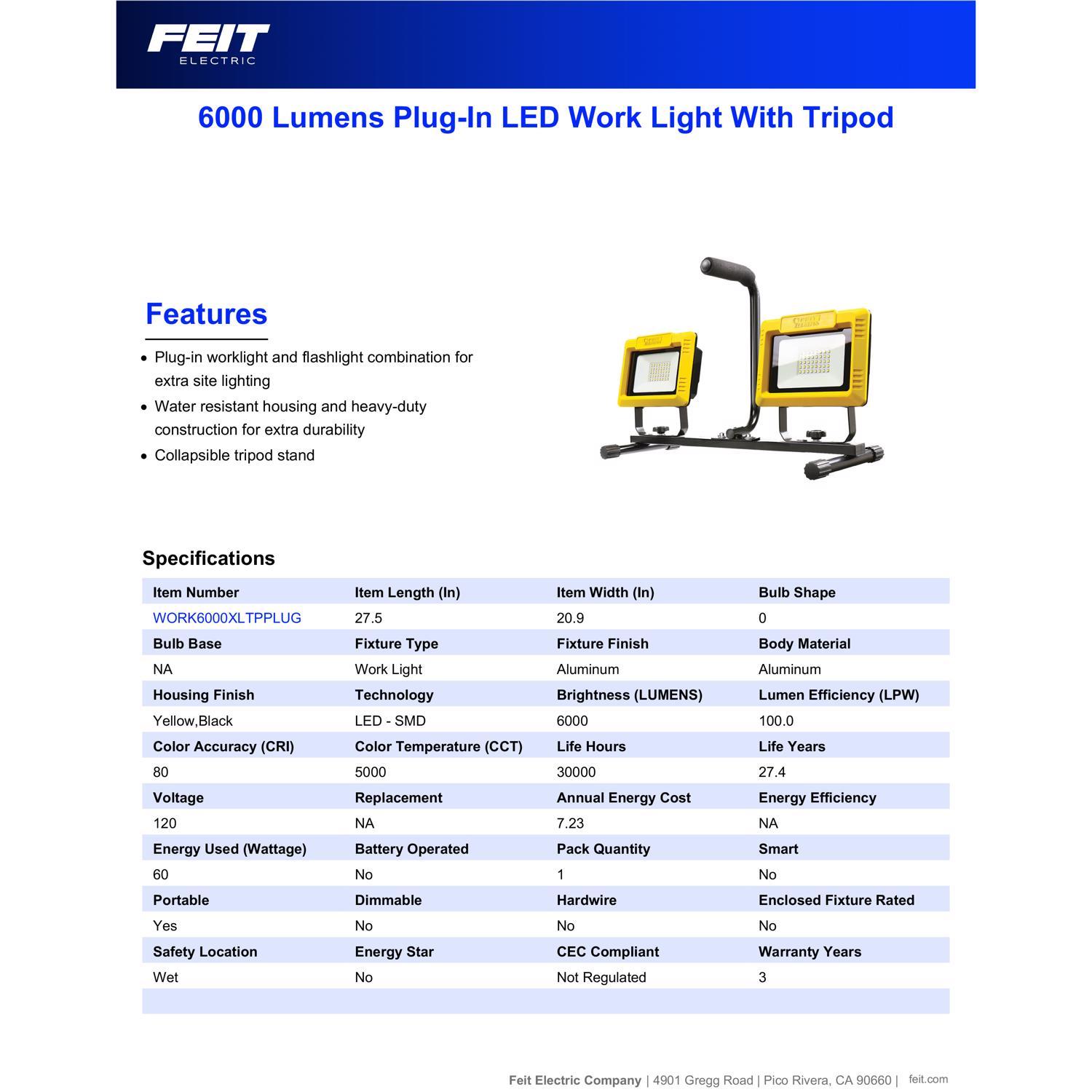 Feit Pro Series 6000 lm LED Dual Power Tripod Work Light