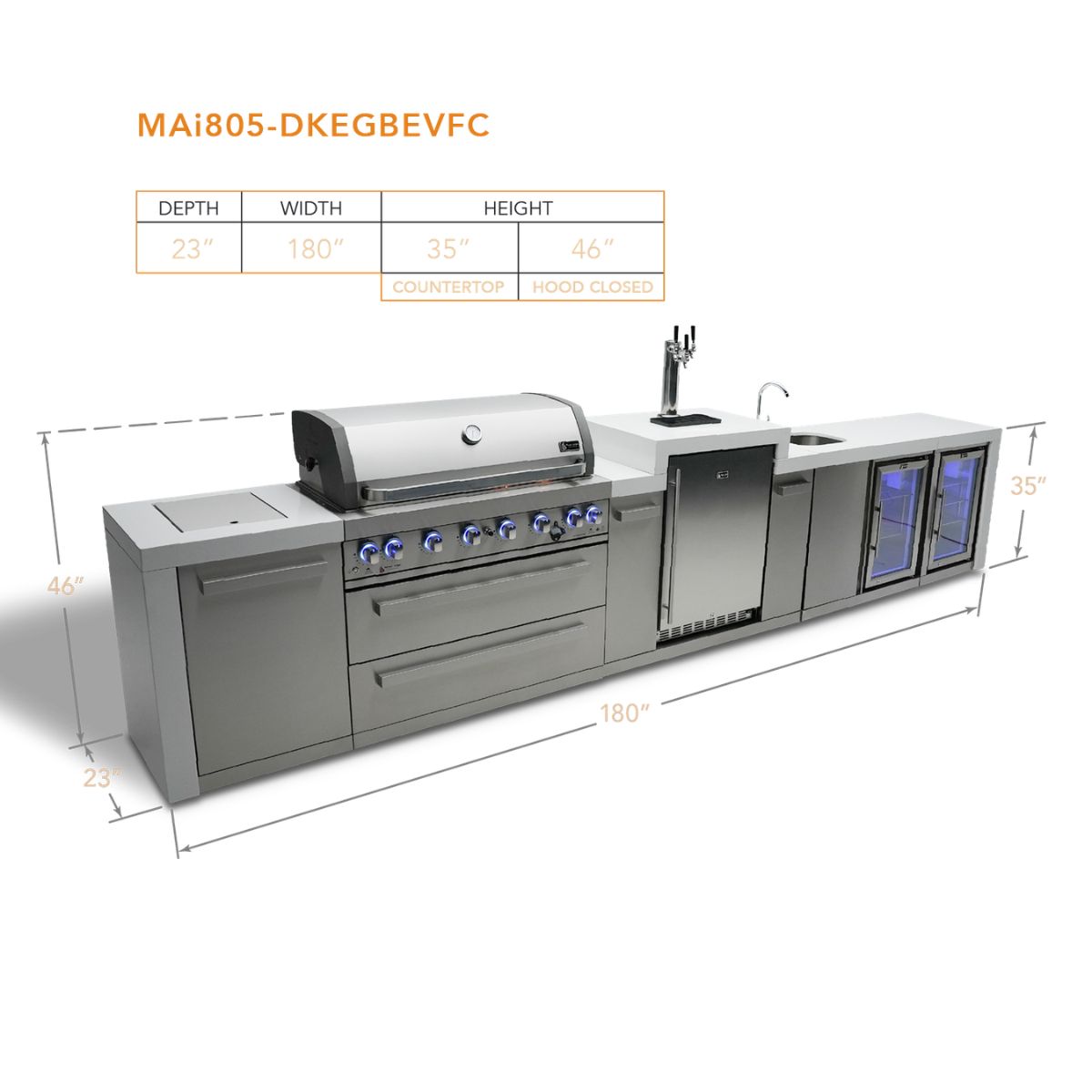 Mont Alpi 6-burner Deluxe Island with a kegerator, beverage center, and fridge cabinet