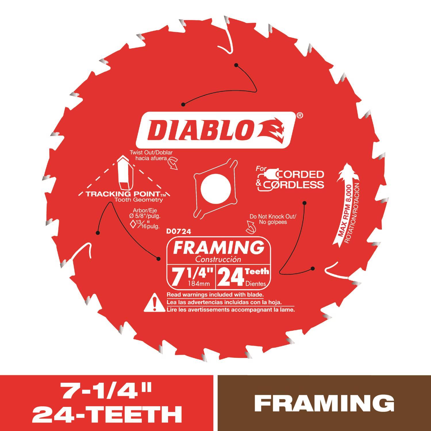 Diablo Tracking Point 7-1/4 in. D X 5/8 in. TiCo Hi-Density Carbide Framing Blade 24 teeth 1 pk