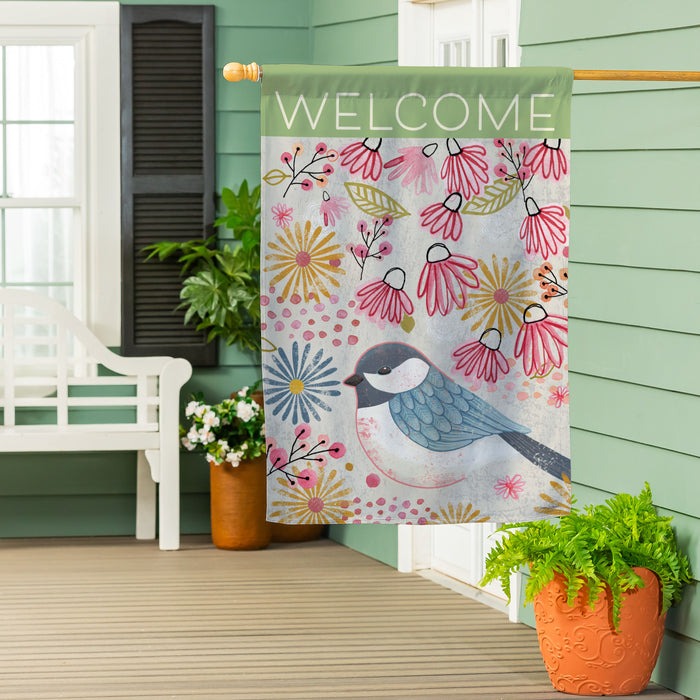Evergreen Pastel Doodles Chickadee Suede House Flag