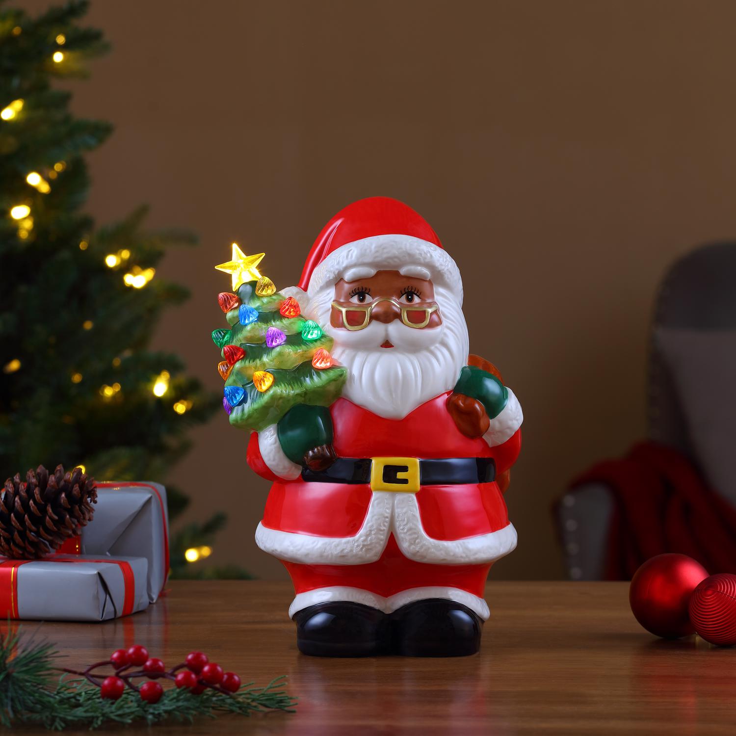 Mr. Christmas LED Ceramic African American Santa Claus with Tree Table Decor 9 in.