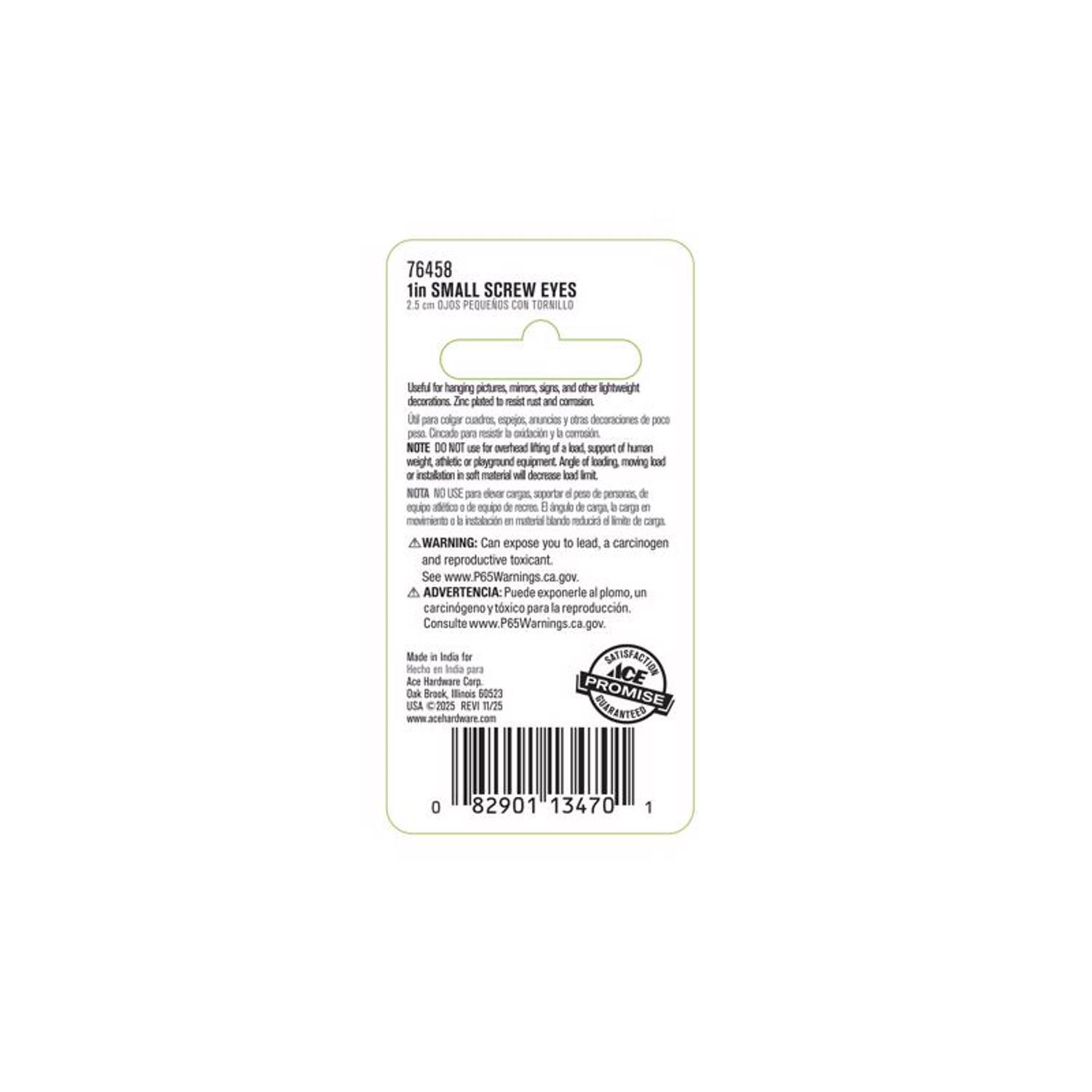 Ace 1/8 in. D X 1 in. L Zinc-Plated Steel Screw Eye 40 lb. cap. 10 pk