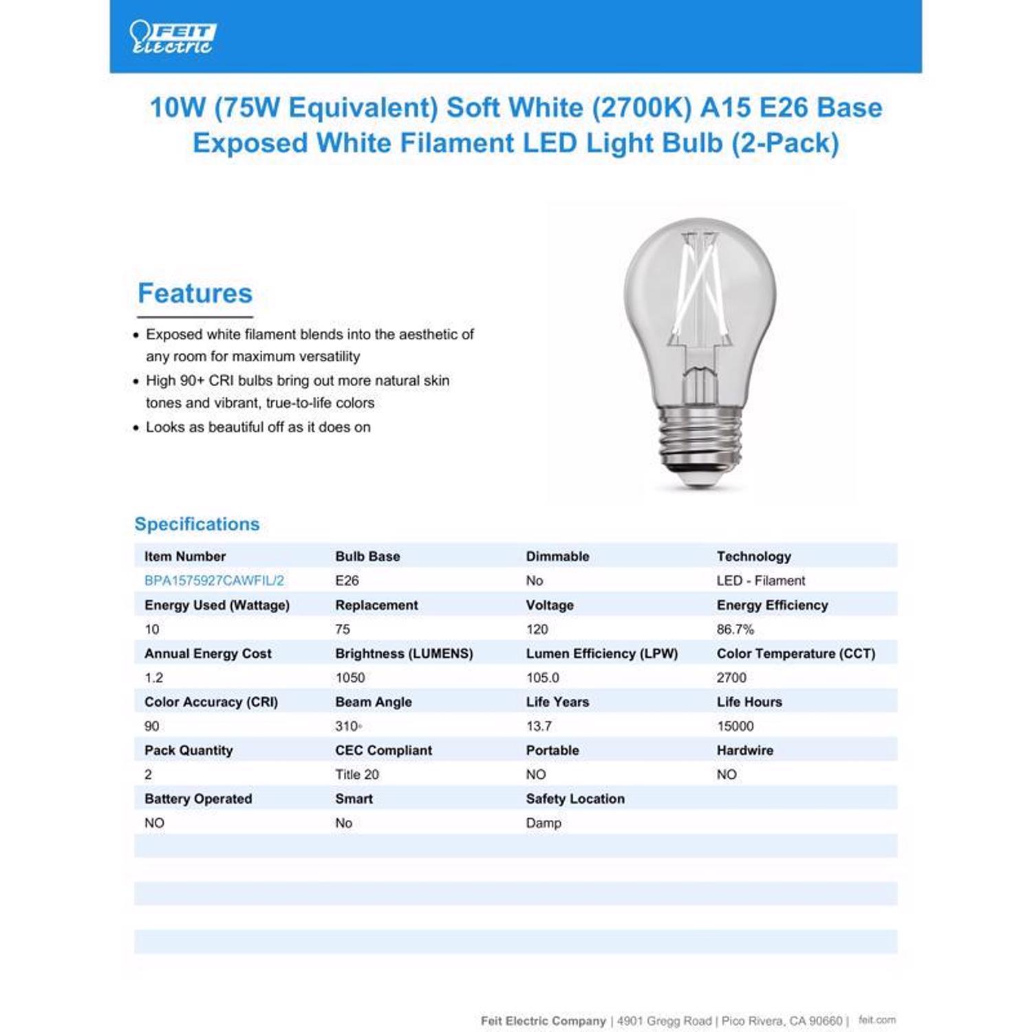 Feit White A15 E26 (Medium) Filament LED Bulb Soft White 75 Watt Equivalence 2 pk